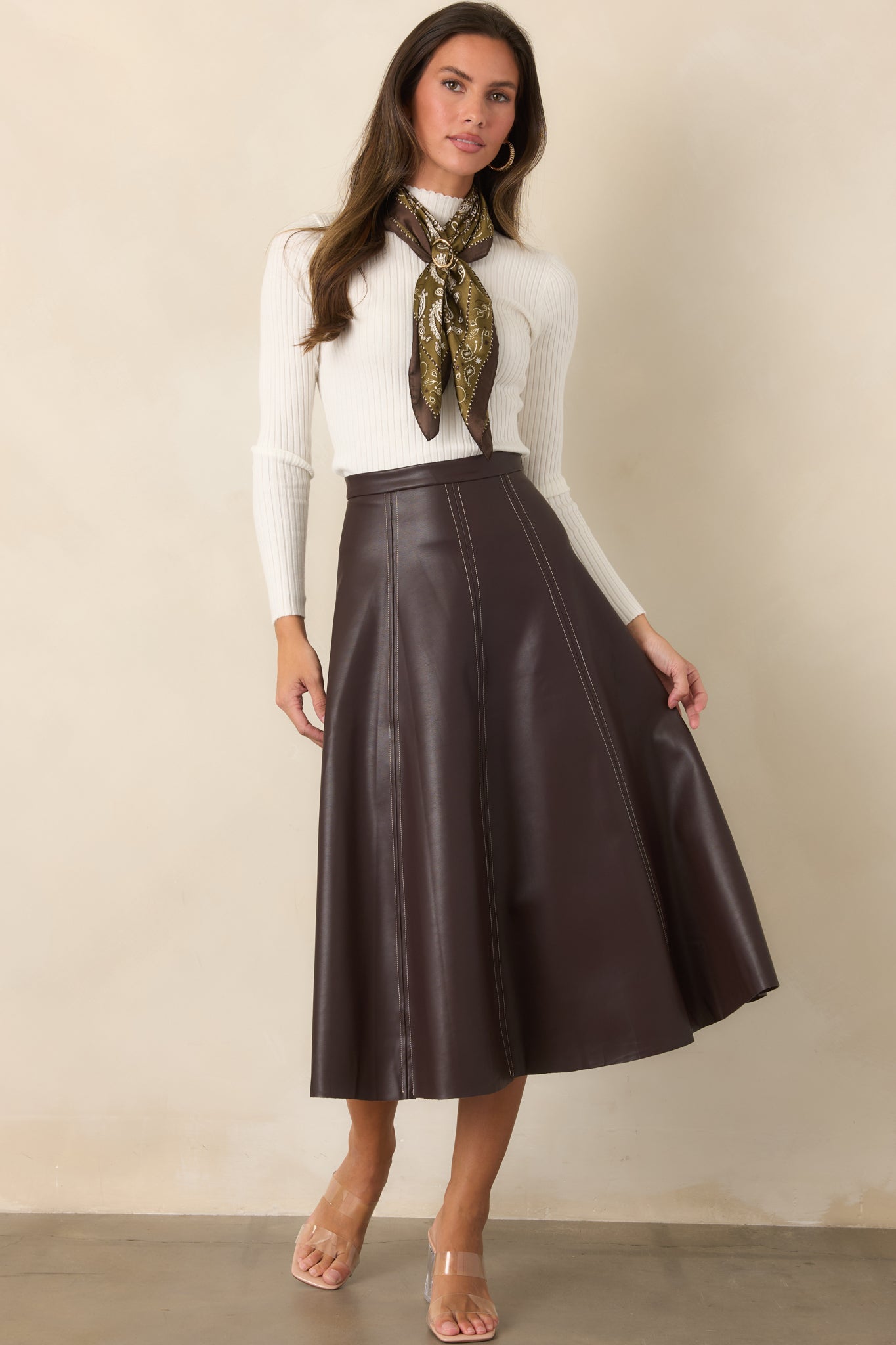 Astrid Wrangler Brown Faux Leather Midi Skirt