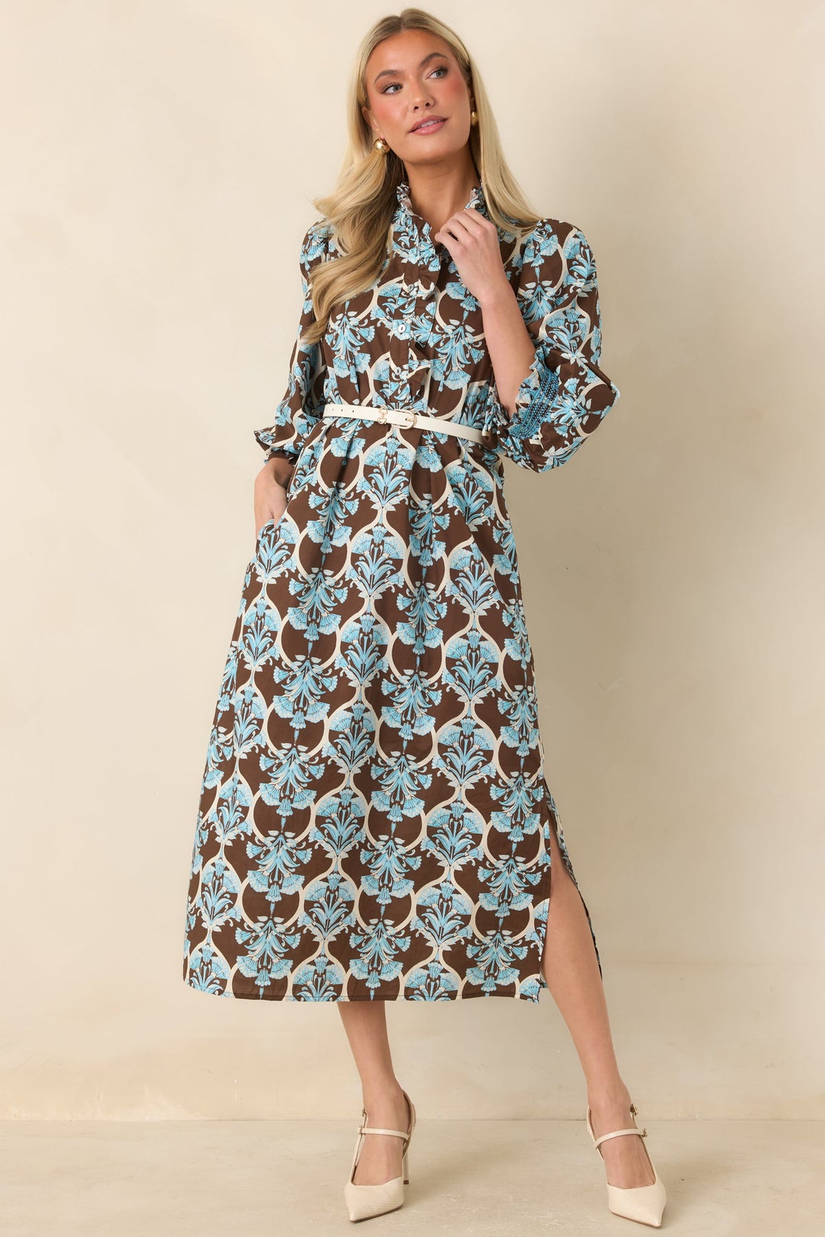 Dream All Day Brown & Blue Floral Cotton Midi Dress