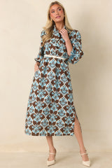 Dream All Day Brown & Blue Floral Cotton Midi Dress