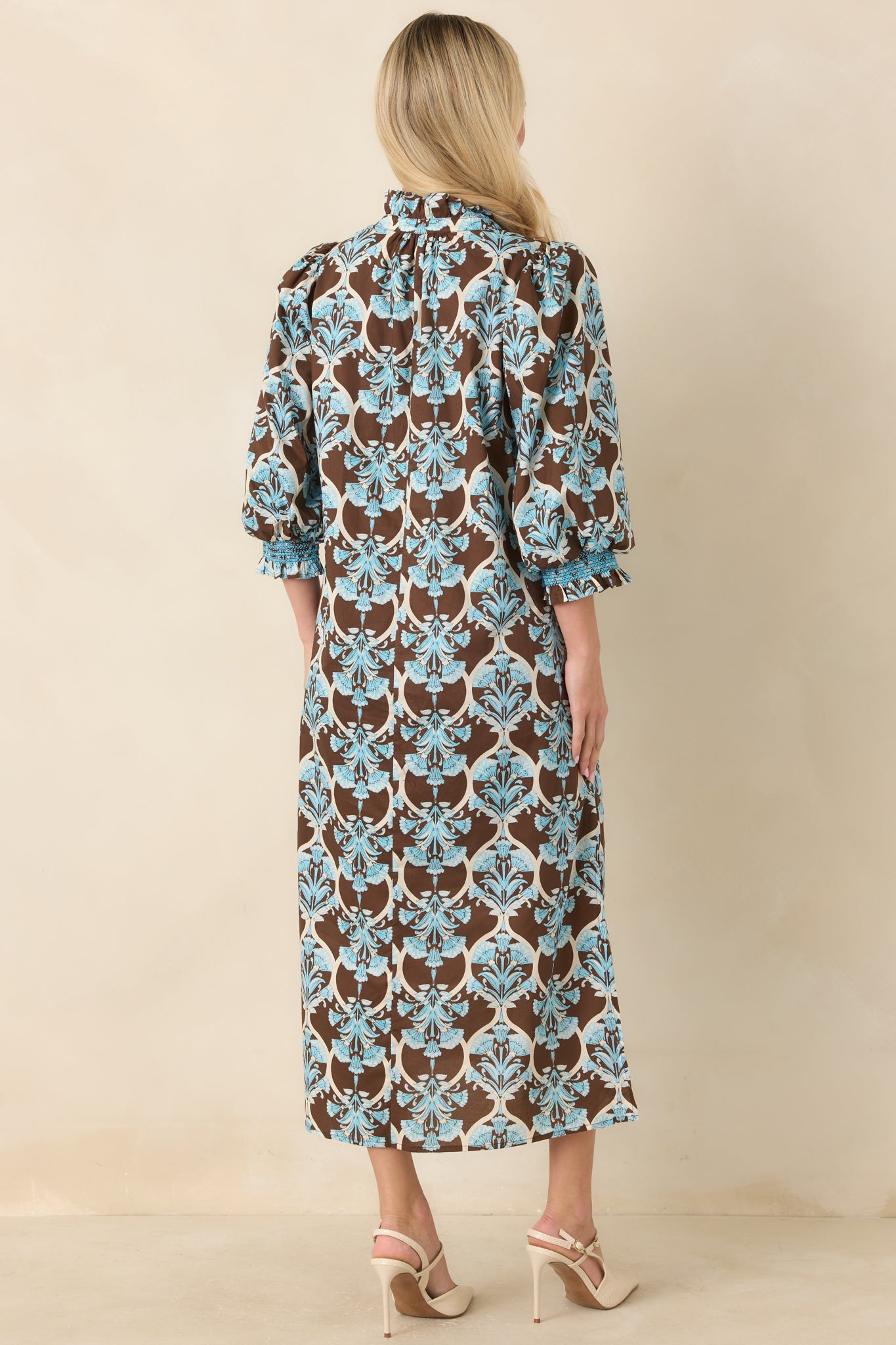 Dream All Day Brown & Blue Floral Cotton Midi Dress