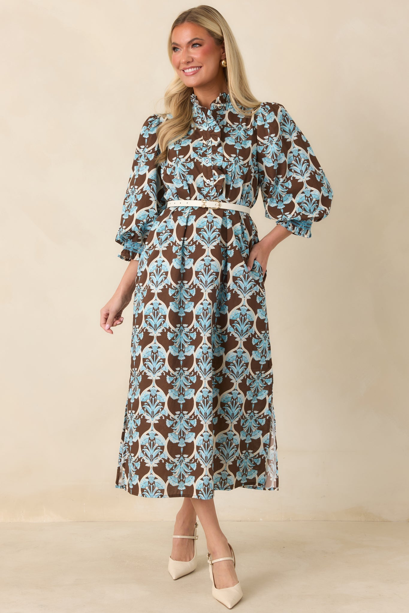 Dream All Day Brown & Blue Floral Cotton Midi Dress