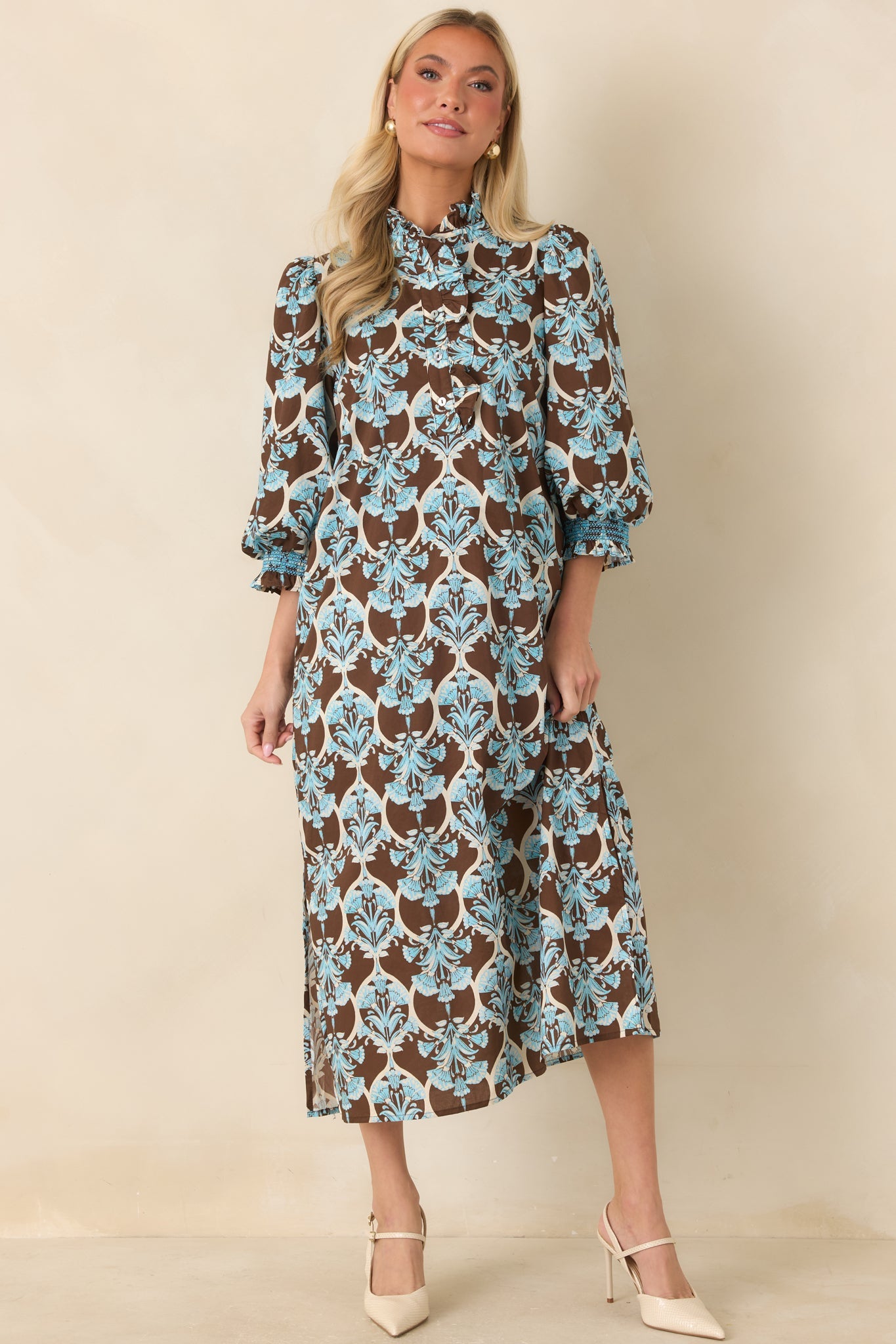 Dream All Day Brown & Blue Floral Cotton Midi Dress
