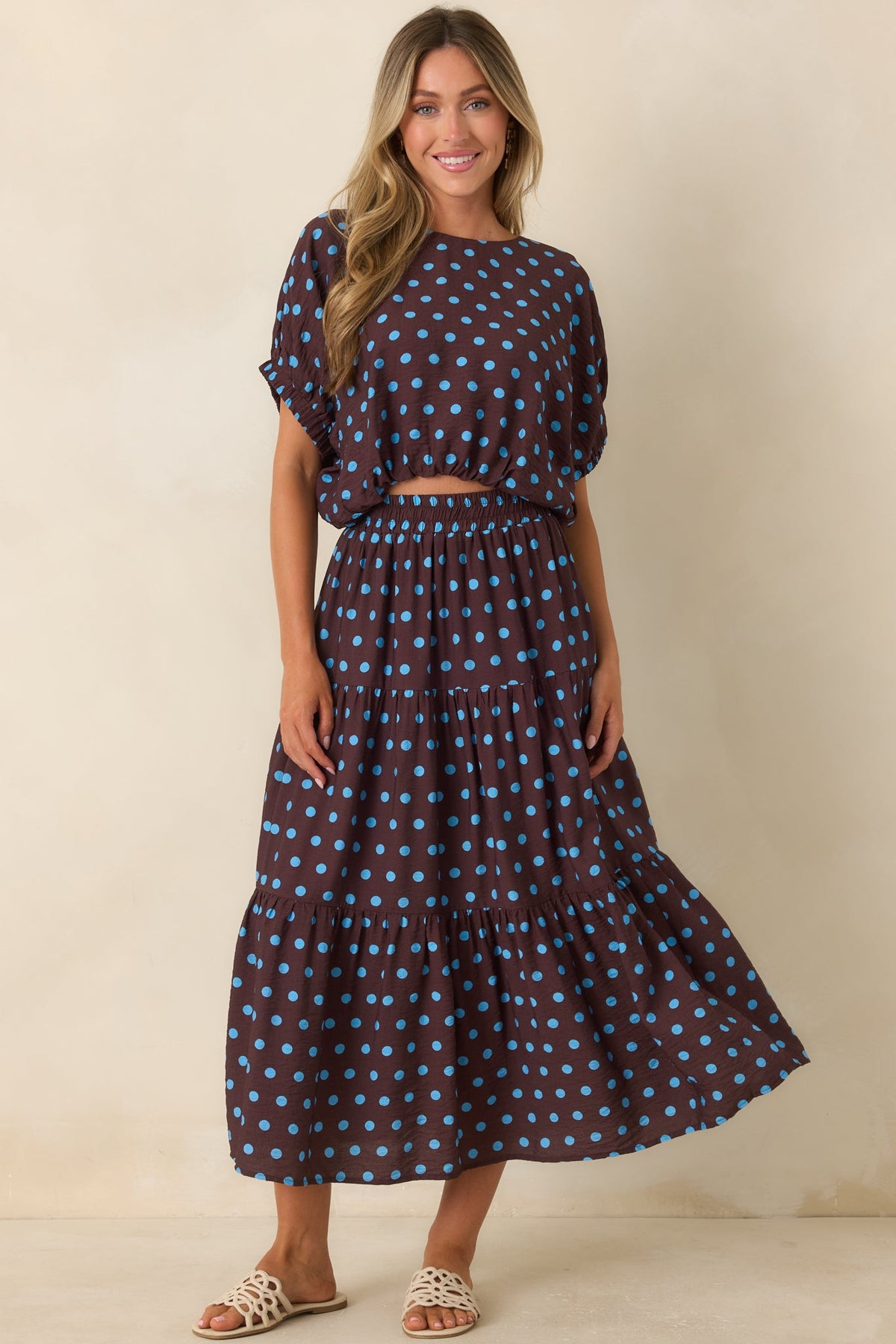 Café Rendezvous Brown & Blue Polka Dot Cropped Top