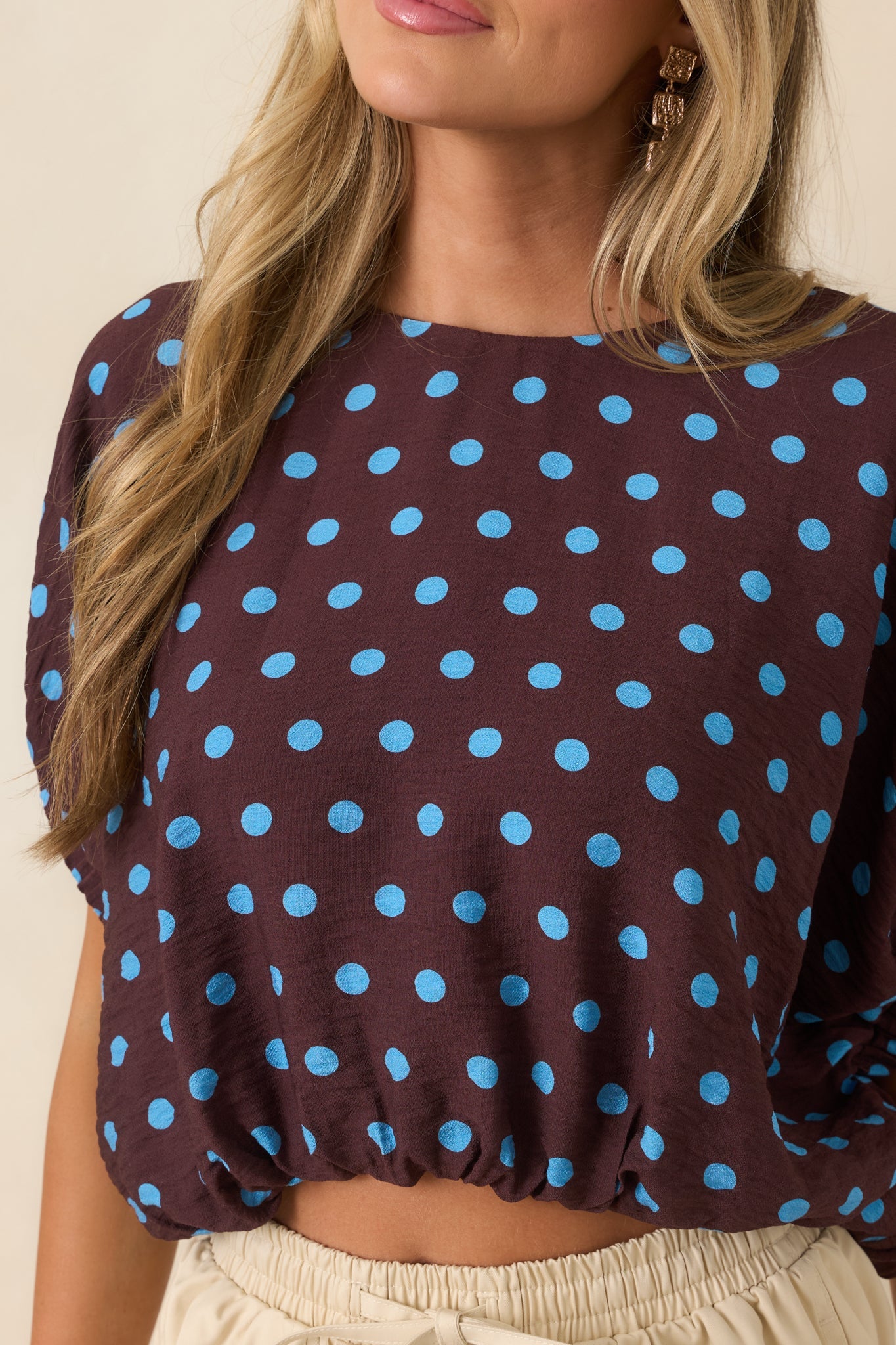 Café Rendezvous Brown & Blue Polka Dot Cropped Top