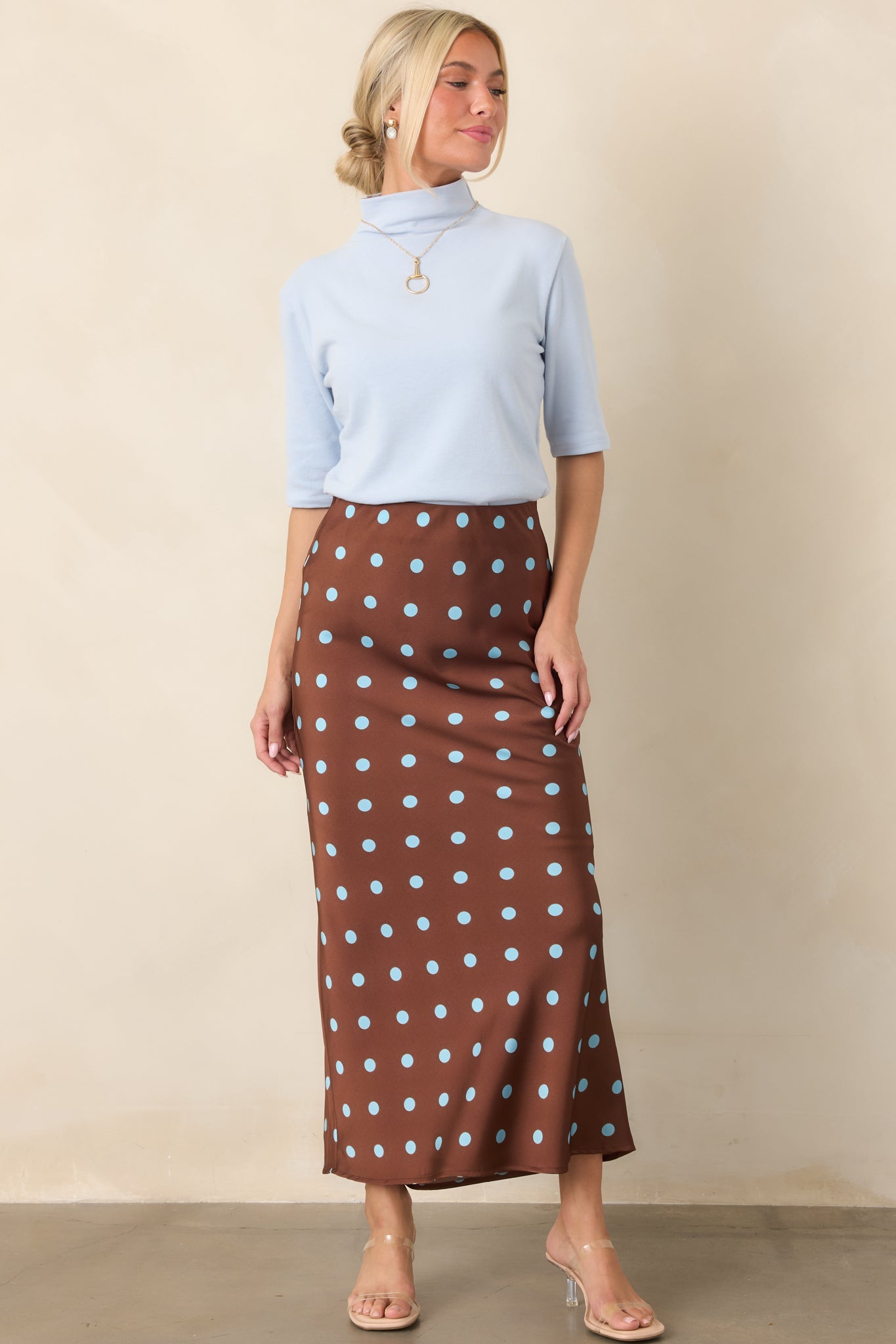 Connect the Dots Chocolate Brown Polka Dot Satin Maxi Skirt