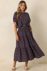 Café Rendezvous Brown & Blue Polka Dot Tiered Maxi Skirt