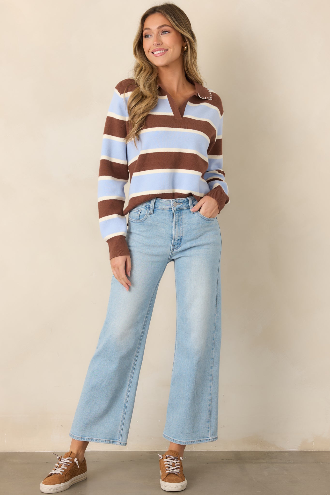 Day in, Day Out Blue & Brown Stripe Knit Collared Polo Top