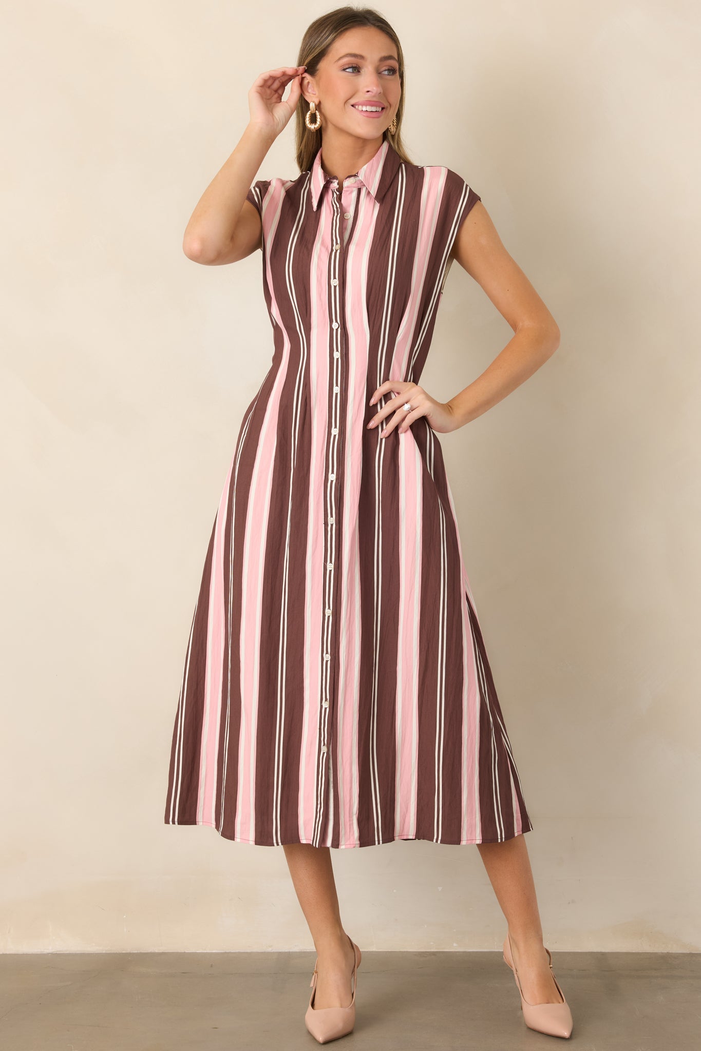 Coffee & Conversation Brown & Pink Stripe Midi Shirt Dress