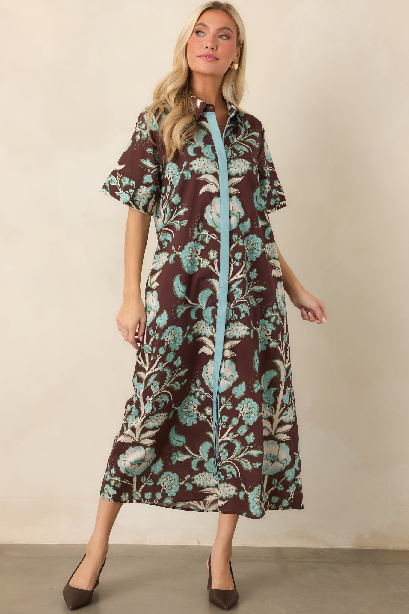 Collected Along the Way Brown & Aqua Floral Cotton Midi Dress