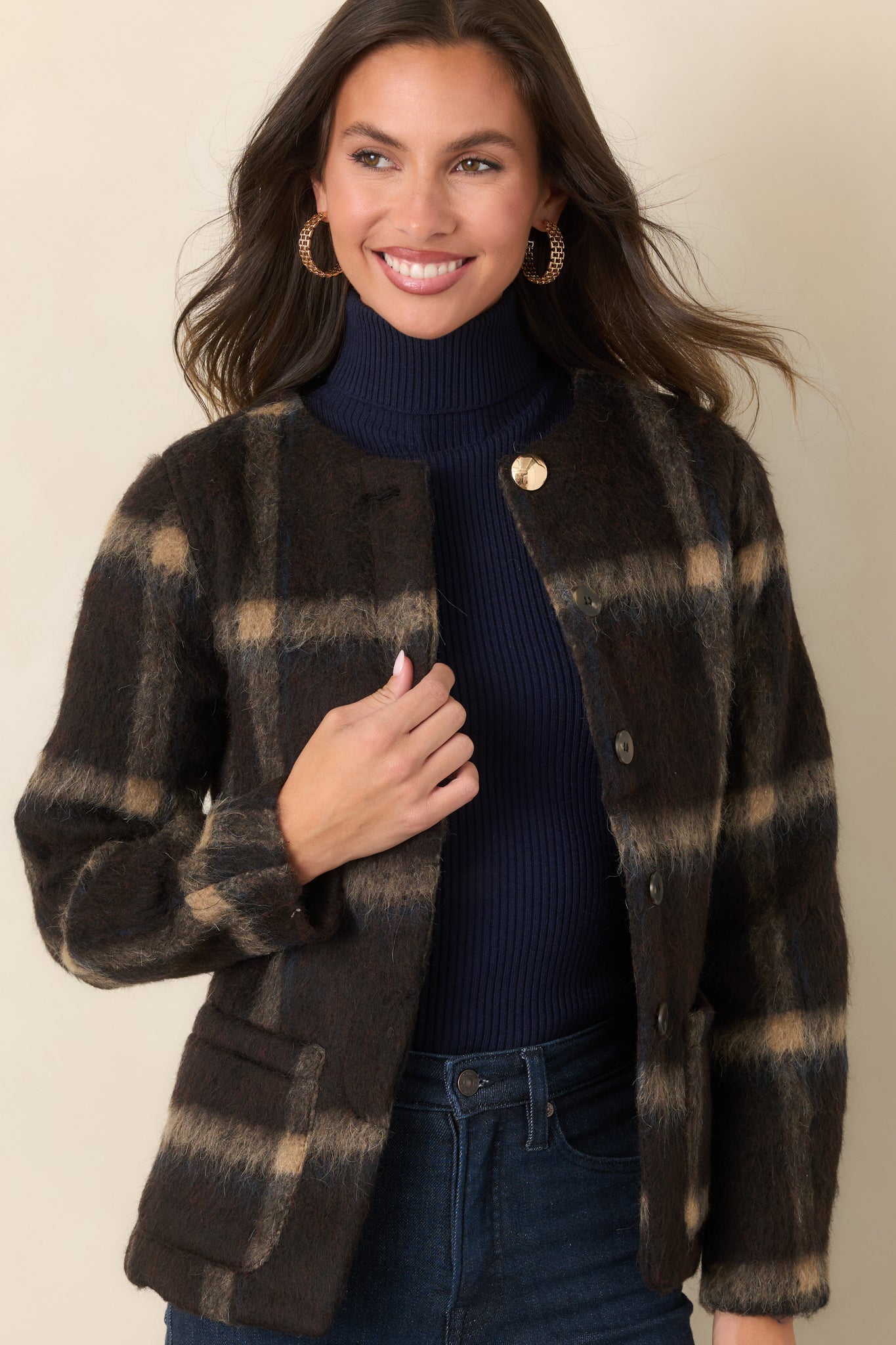 A Certain Air About You Brown Plaid Wool Blend Jacket