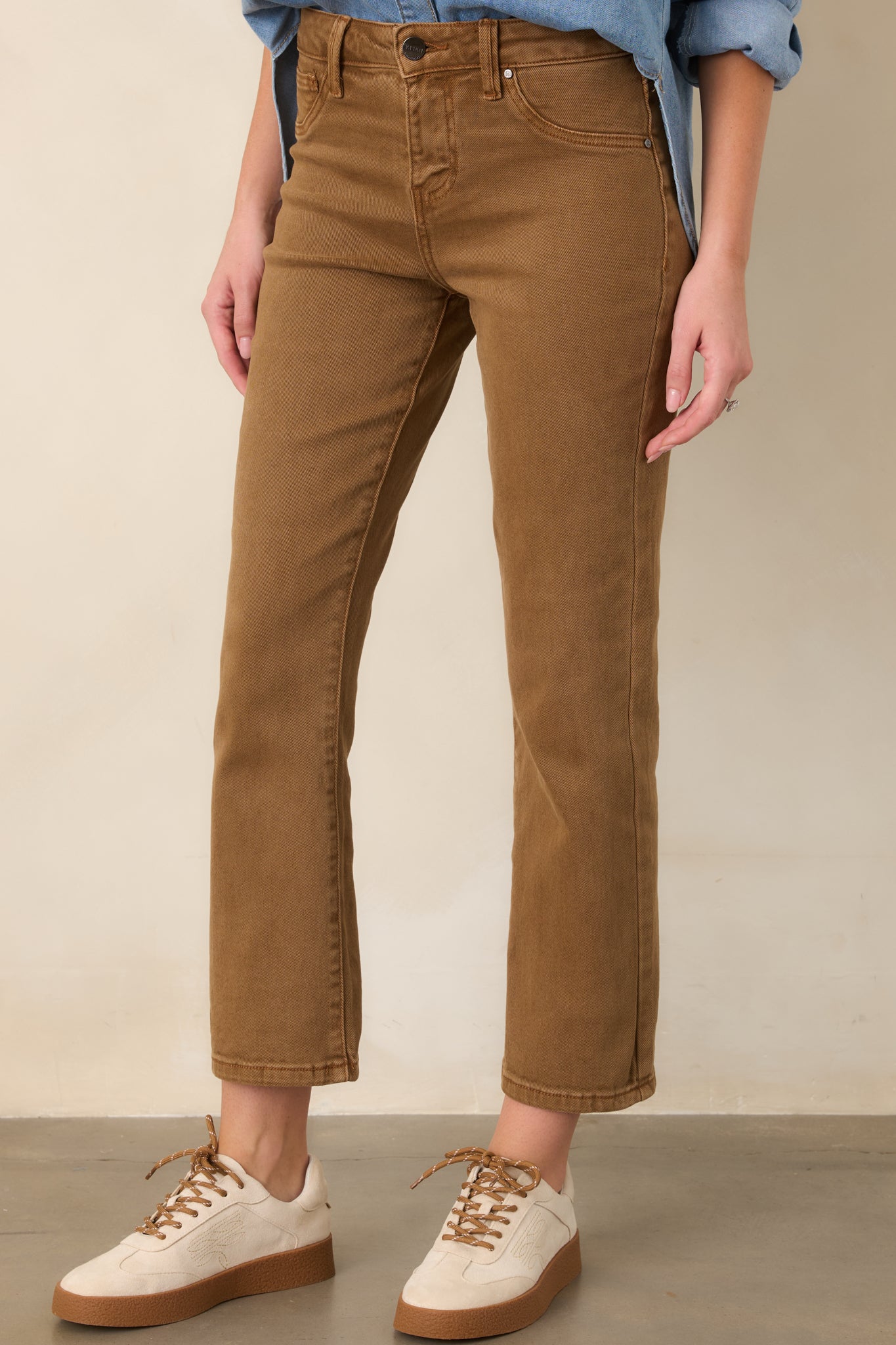 All My Life Camel Brown Cotton Mid Rise Straight Crop Jeans