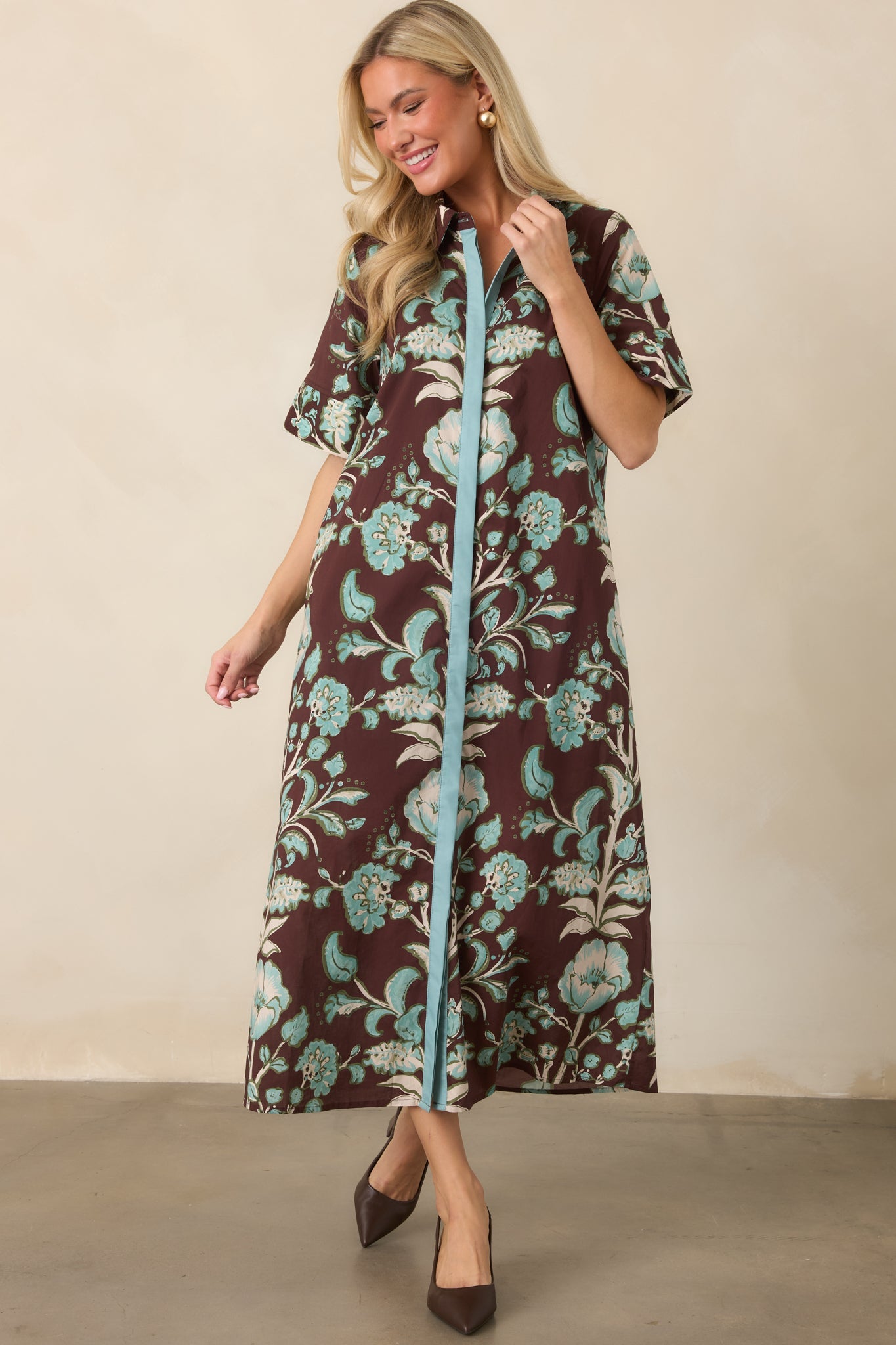 Collected Along the Way Brown & Aqua Floral Cotton Midi Dress