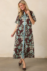 Collected Along the Way Brown & Aqua Floral Cotton Midi Dress