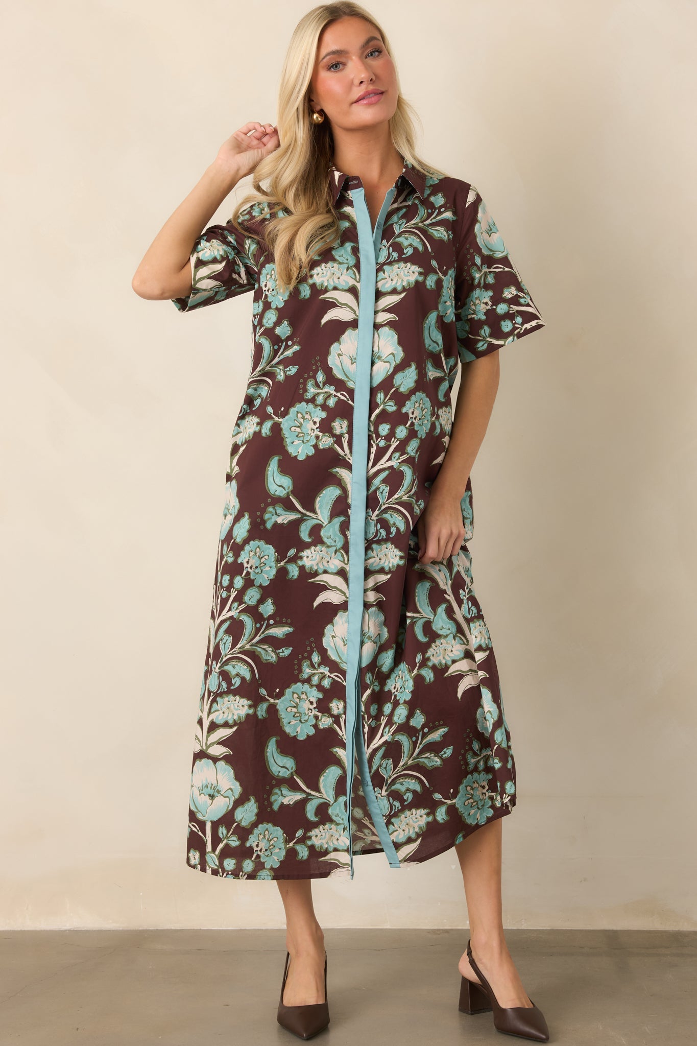 Collected Along the Way Brown & Aqua Floral Cotton Midi Dress
