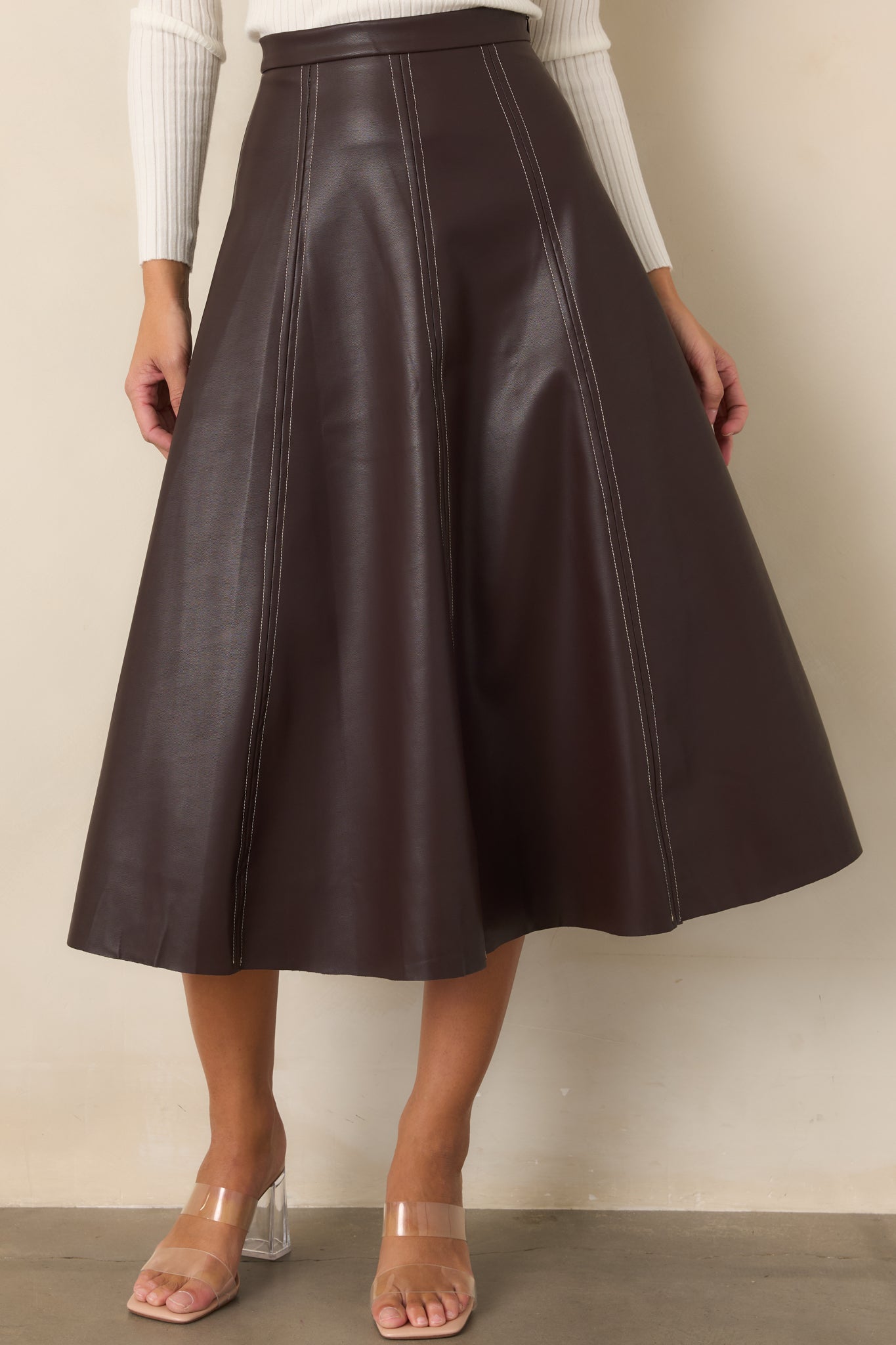 Astrid Wrangler Brown Faux Leather Midi Skirt