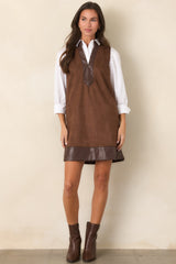 As I Was Saying Brown Faux Suede Contrast Trim Mini Dress