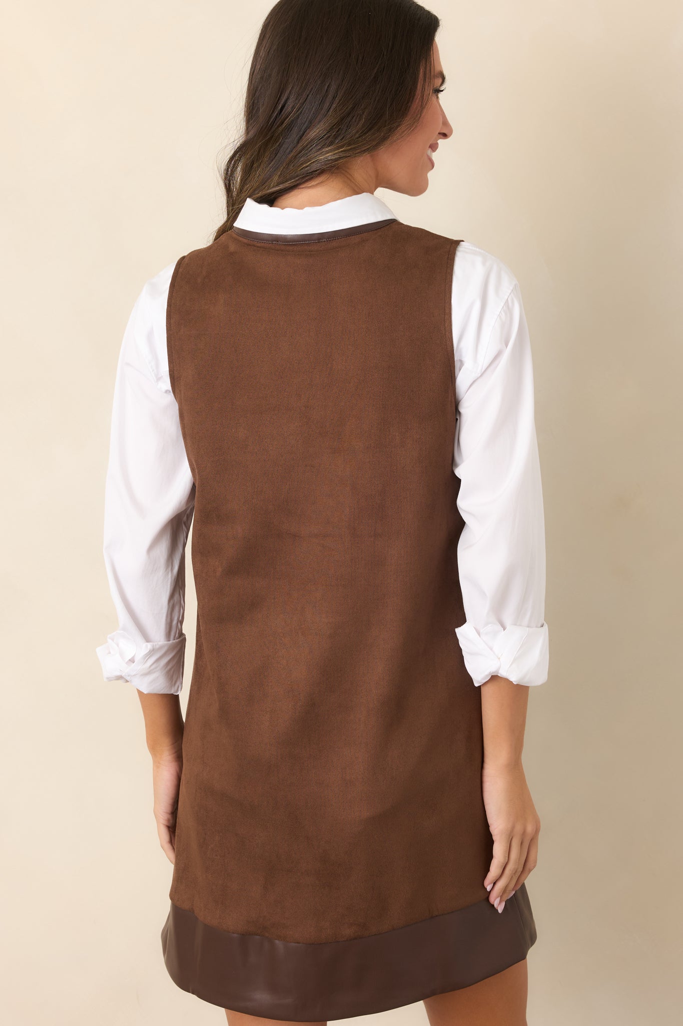 As I Was Saying Brown Faux Suede Contrast Trim Mini Dress