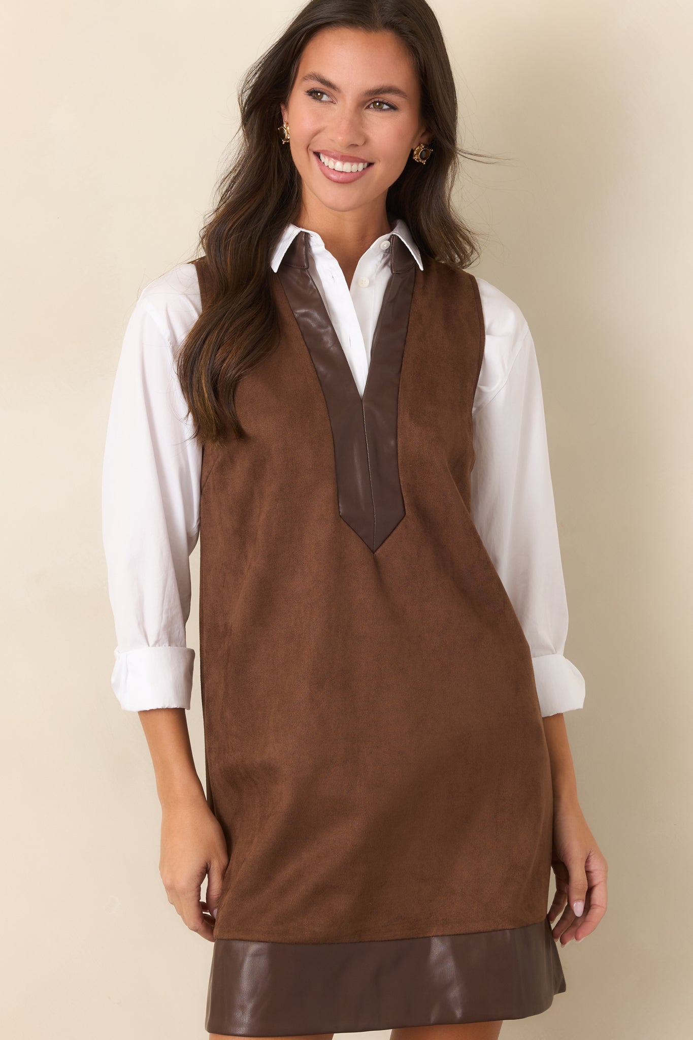As I Was Saying Brown Faux Suede Contrast Trim Mini Dress