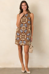 A Fond Memory Brown Multi Floral Embroidered Mini Dress