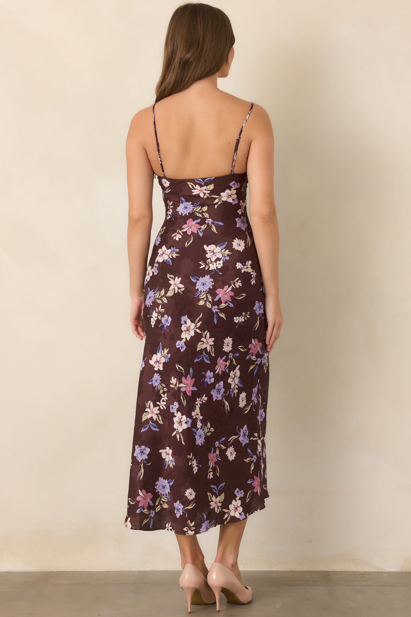 ASTR the Label Carin Brown Floral Satin Lace-Trim Slip Maxi Dress