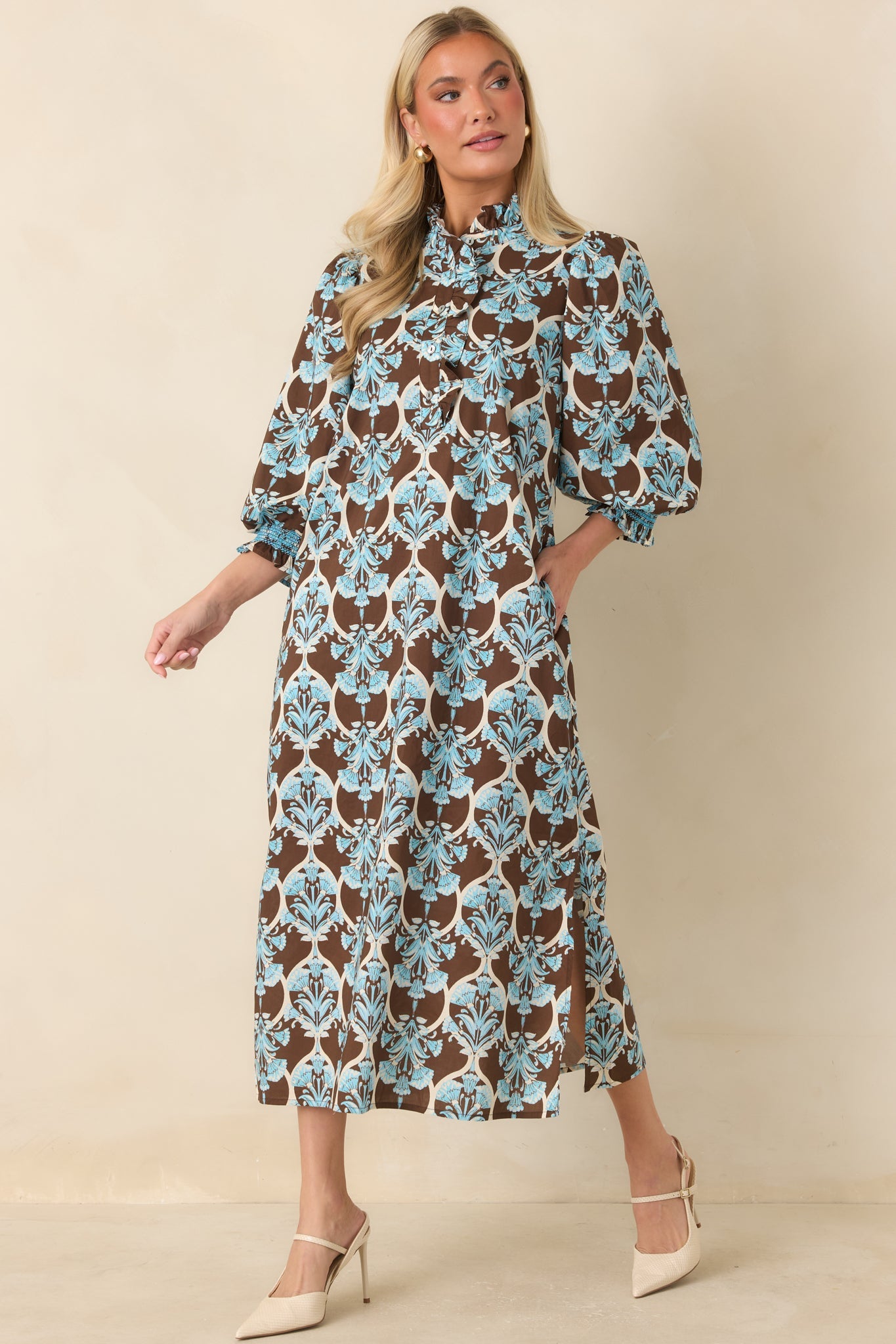 Dream All Day Brown & Blue Floral Cotton Midi Dress