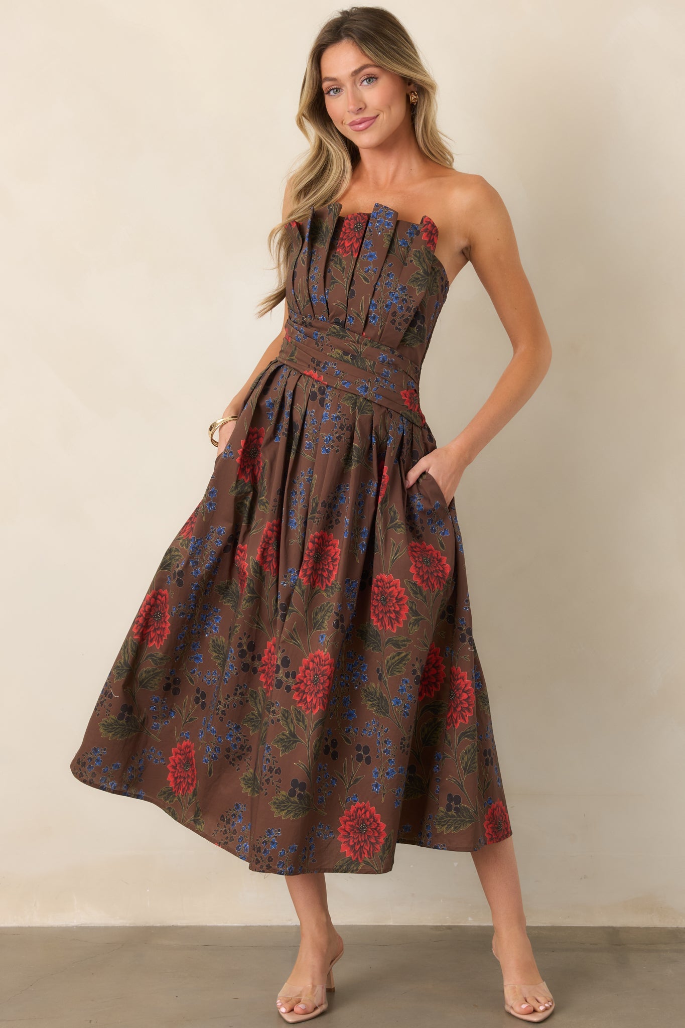 A Reason to Stay Chocolate Brown Multi Floral Cotton Strapless Midi Dress