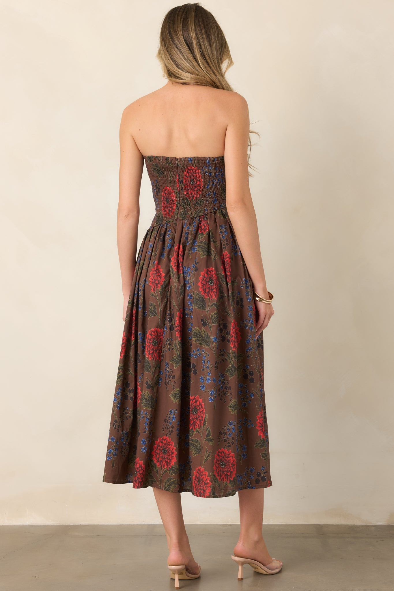 A Reason to Stay Chocolate Brown Multi Floral Cotton Strapless Midi Dress