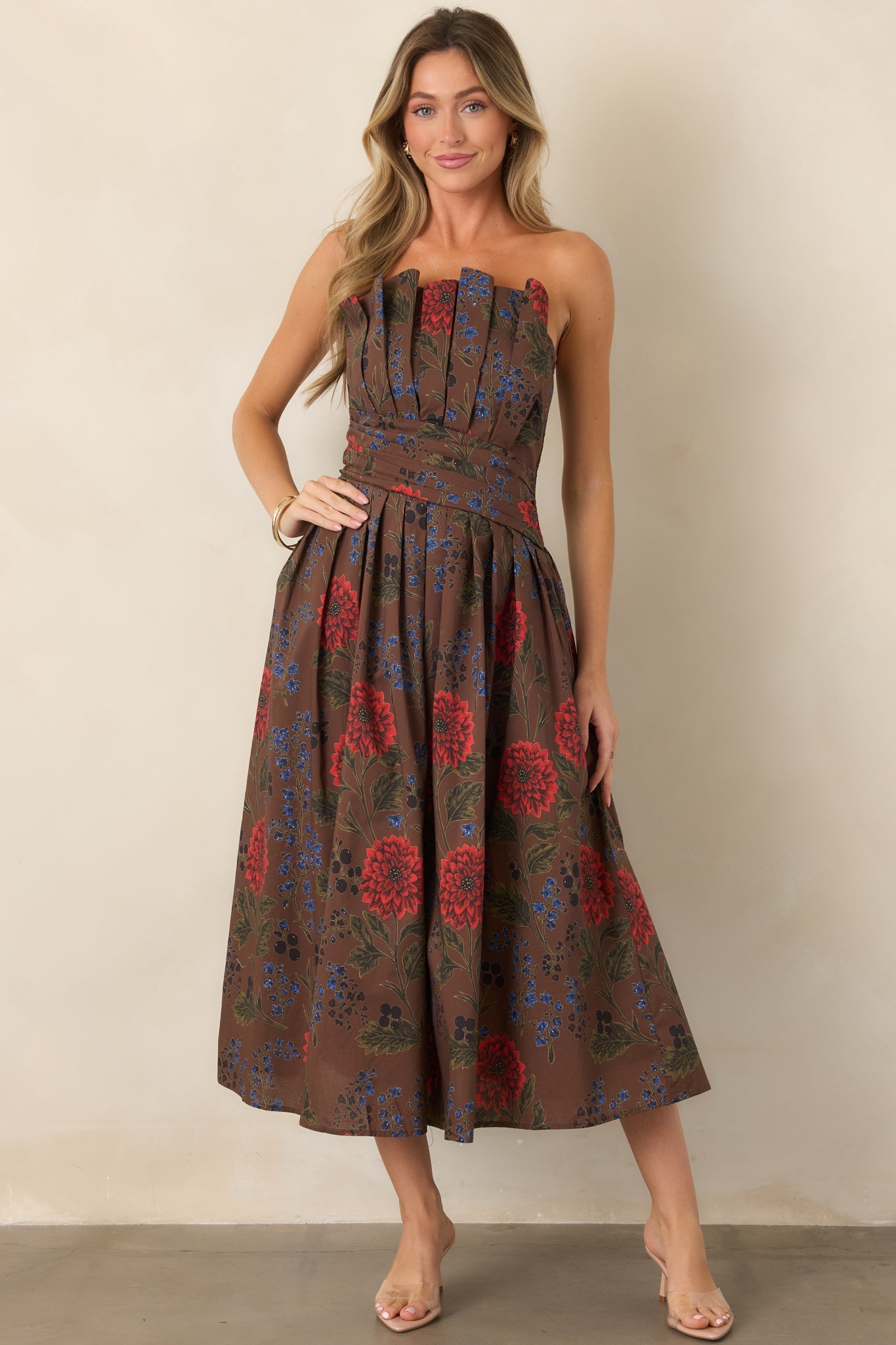 A Reason to Stay Chocolate Brown Multi Floral Cotton Strapless Midi Dress