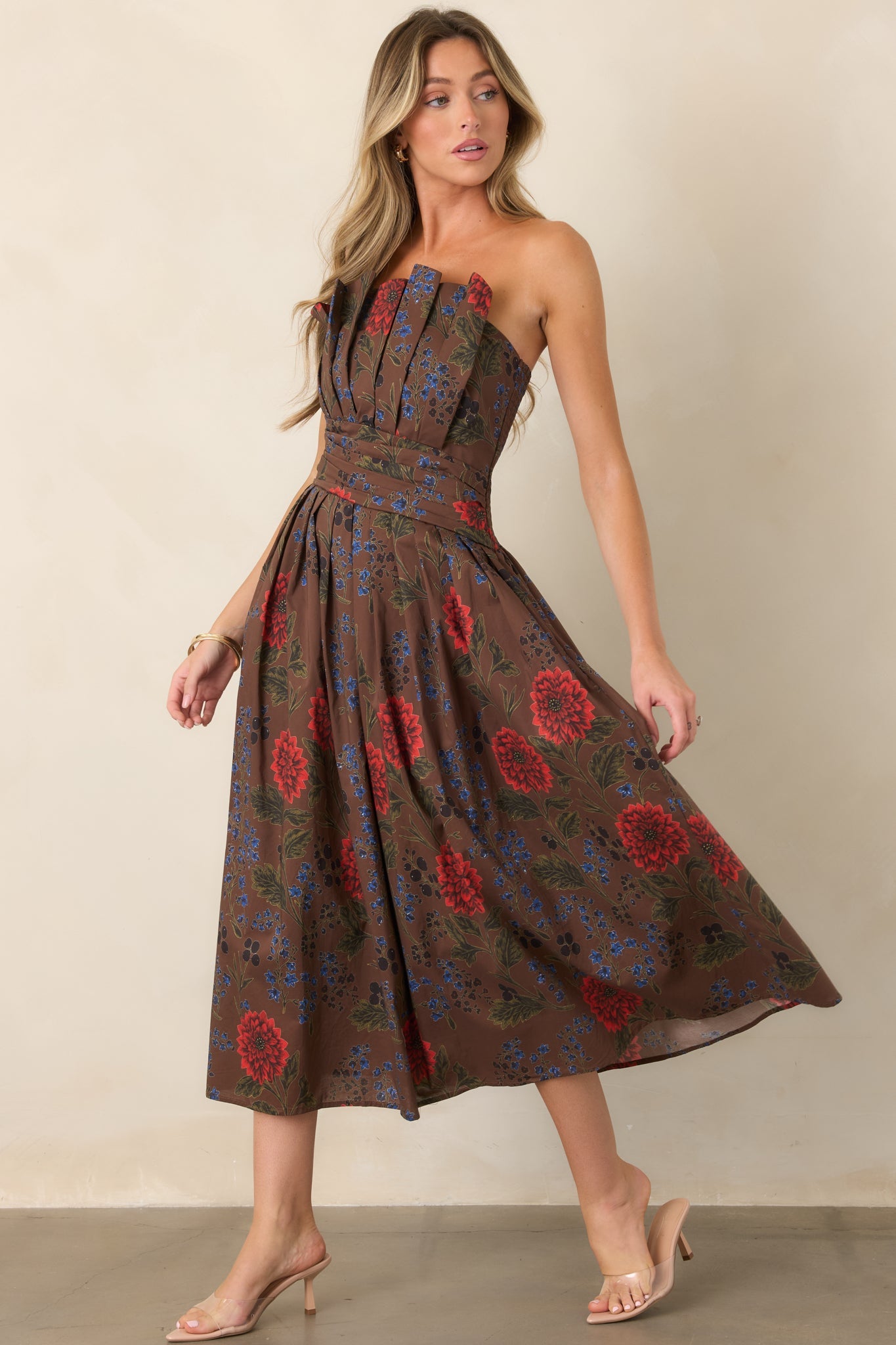 A Reason to Stay Chocolate Brown Multi Floral Cotton Strapless Midi Dress