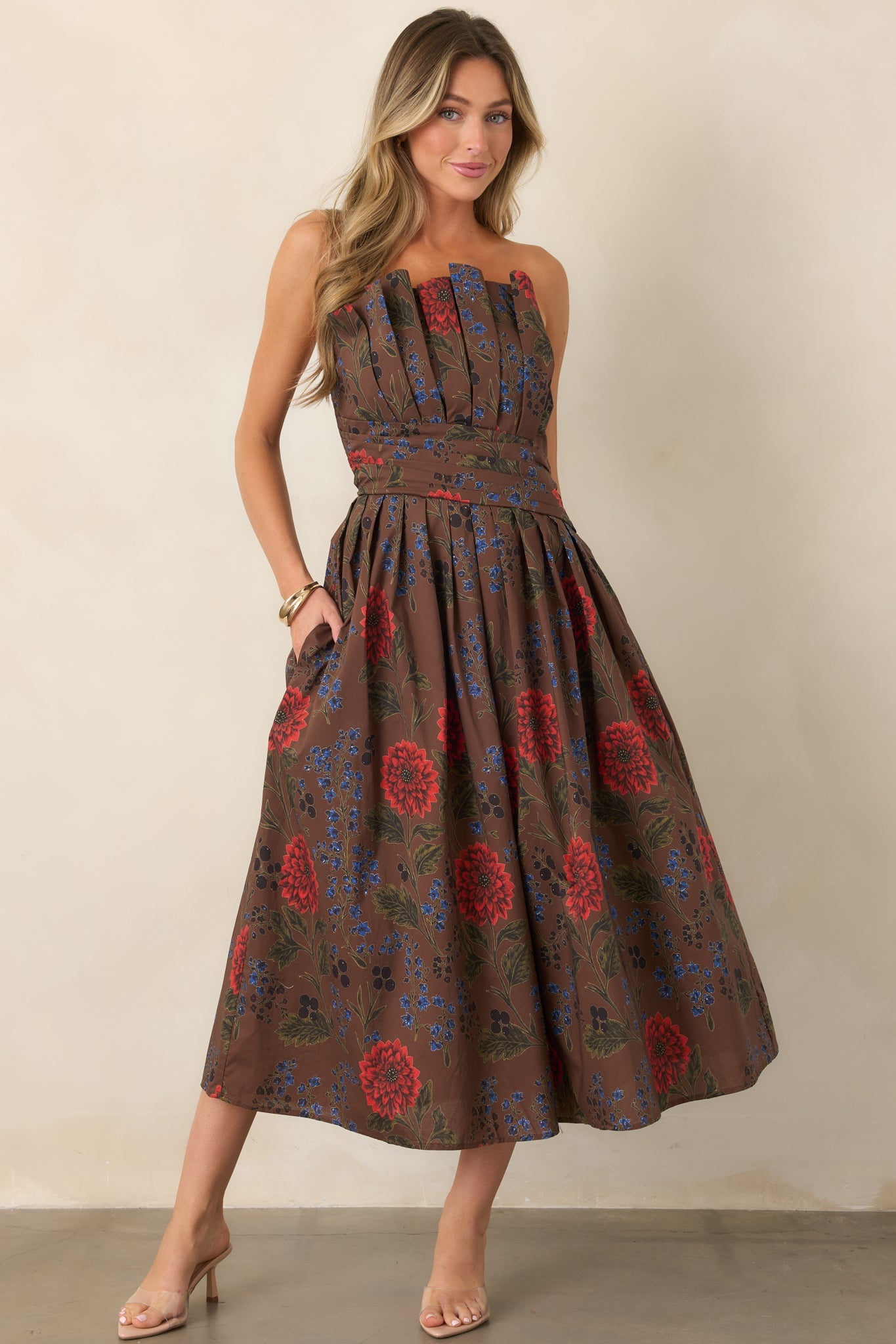A Reason to Stay Chocolate Brown Multi Floral Cotton Strapless Midi Dress