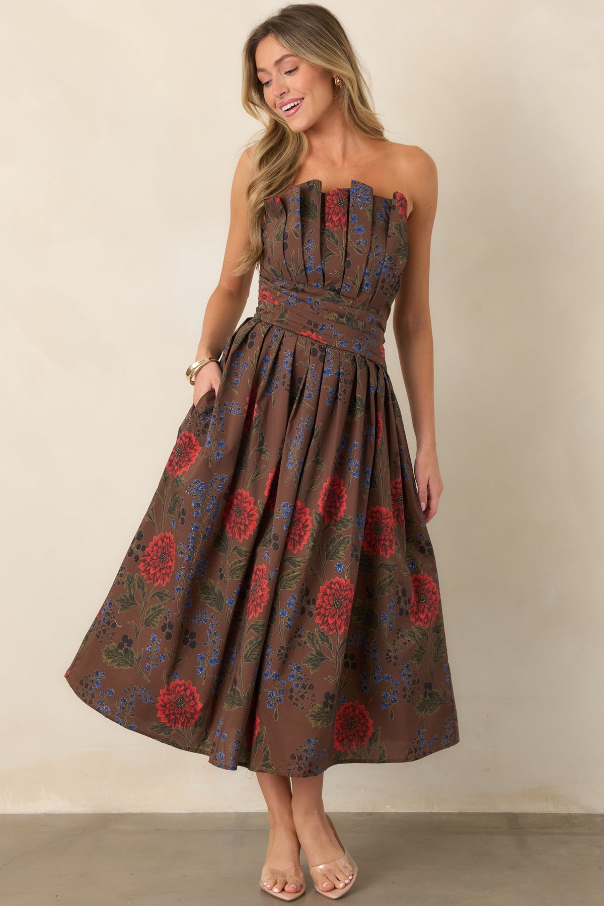 A Reason to Stay Chocolate Brown Multi Floral Cotton Strapless Midi Dress