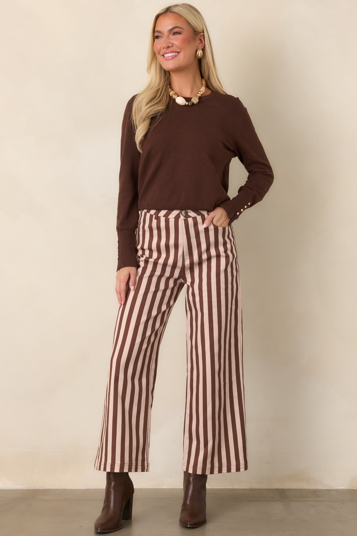All Lined Up Brown Stripe Cotton Cropped Wide Leg Pants