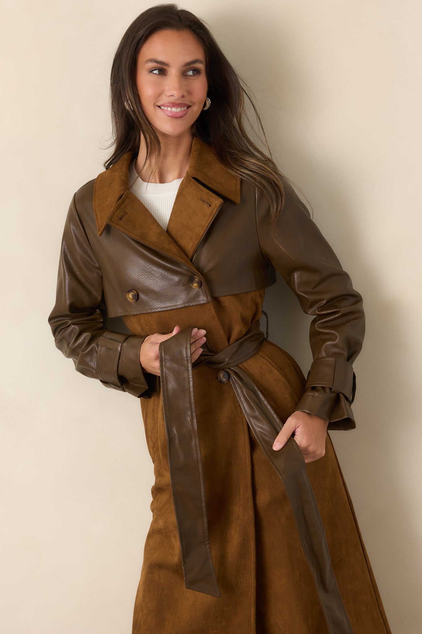 En Saison Yumi Brown Faux Leather Trench Coat