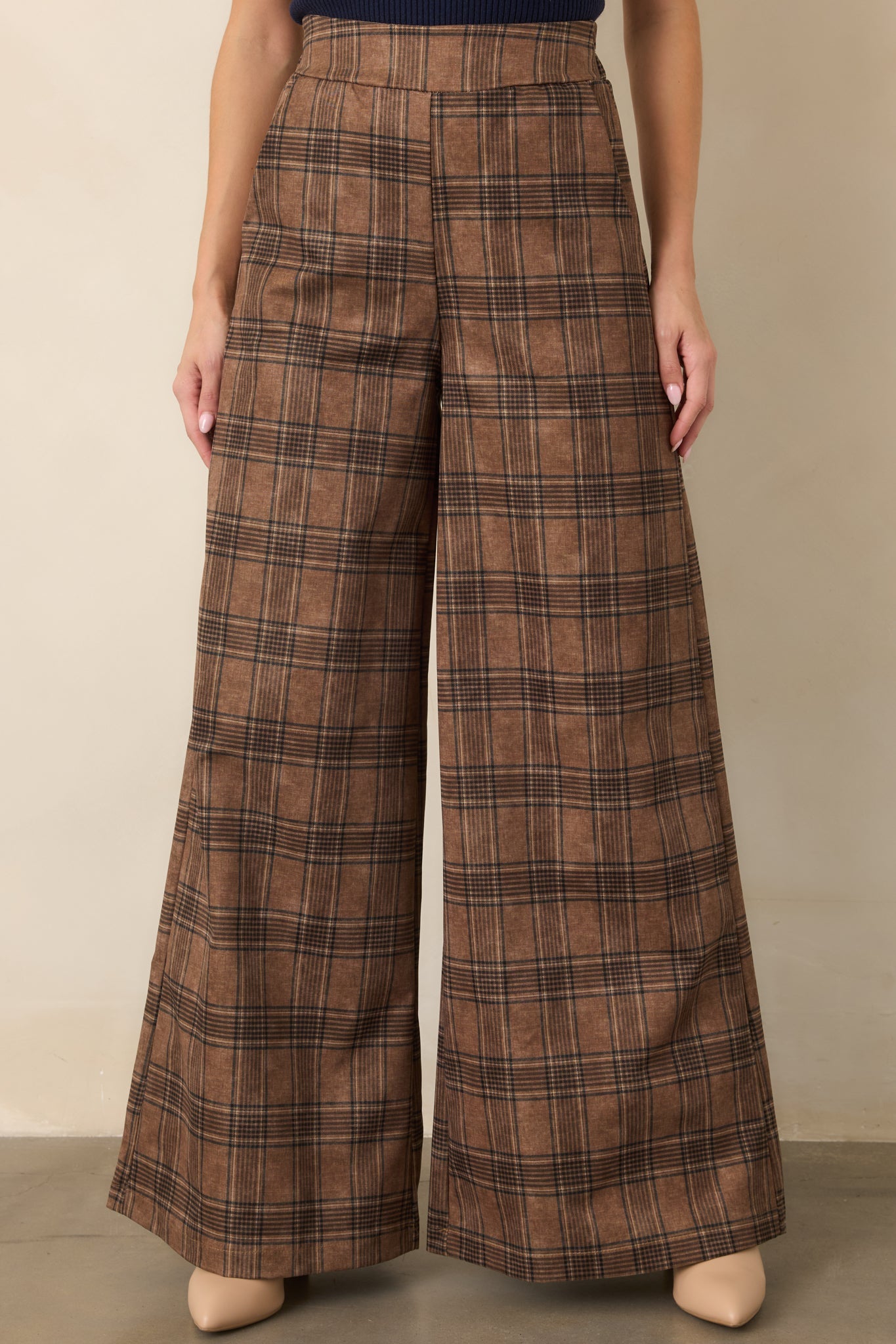 Astrid Mitchel Brown Plaid High Rise Wide Leg Pants