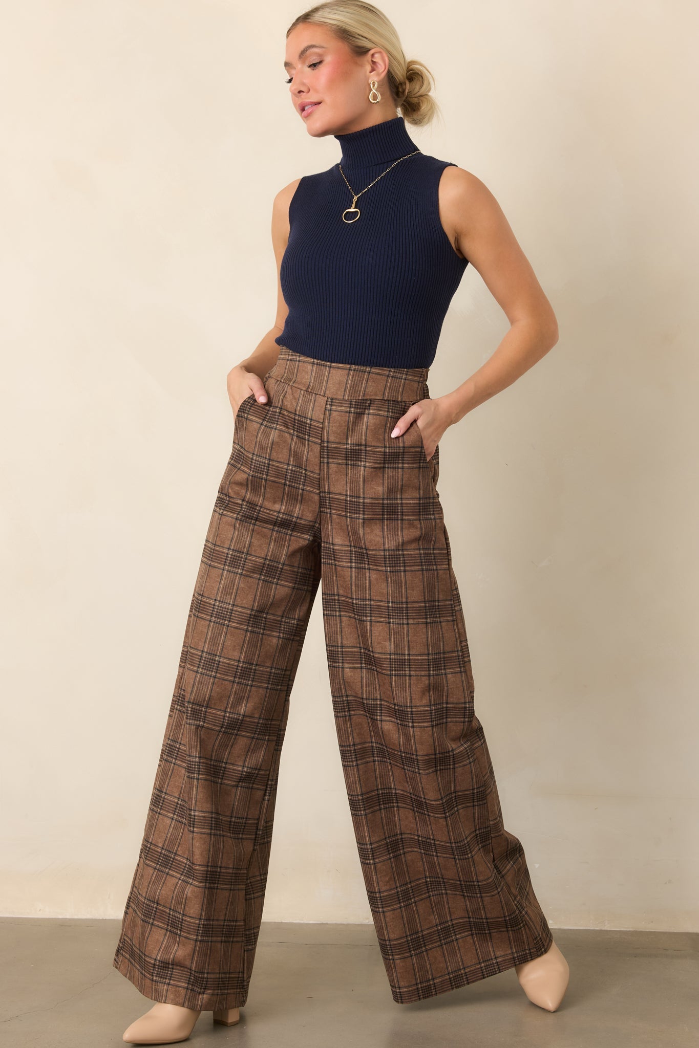 Astrid Mitchel Brown Plaid High Rise Wide Leg Pants