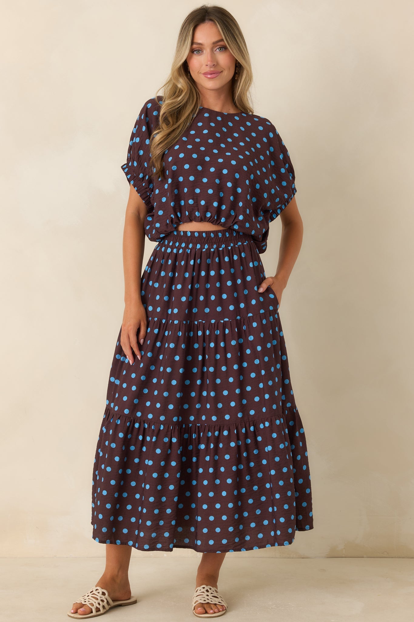 Café Rendezvous Brown & Blue Polka Dot Cropped Top