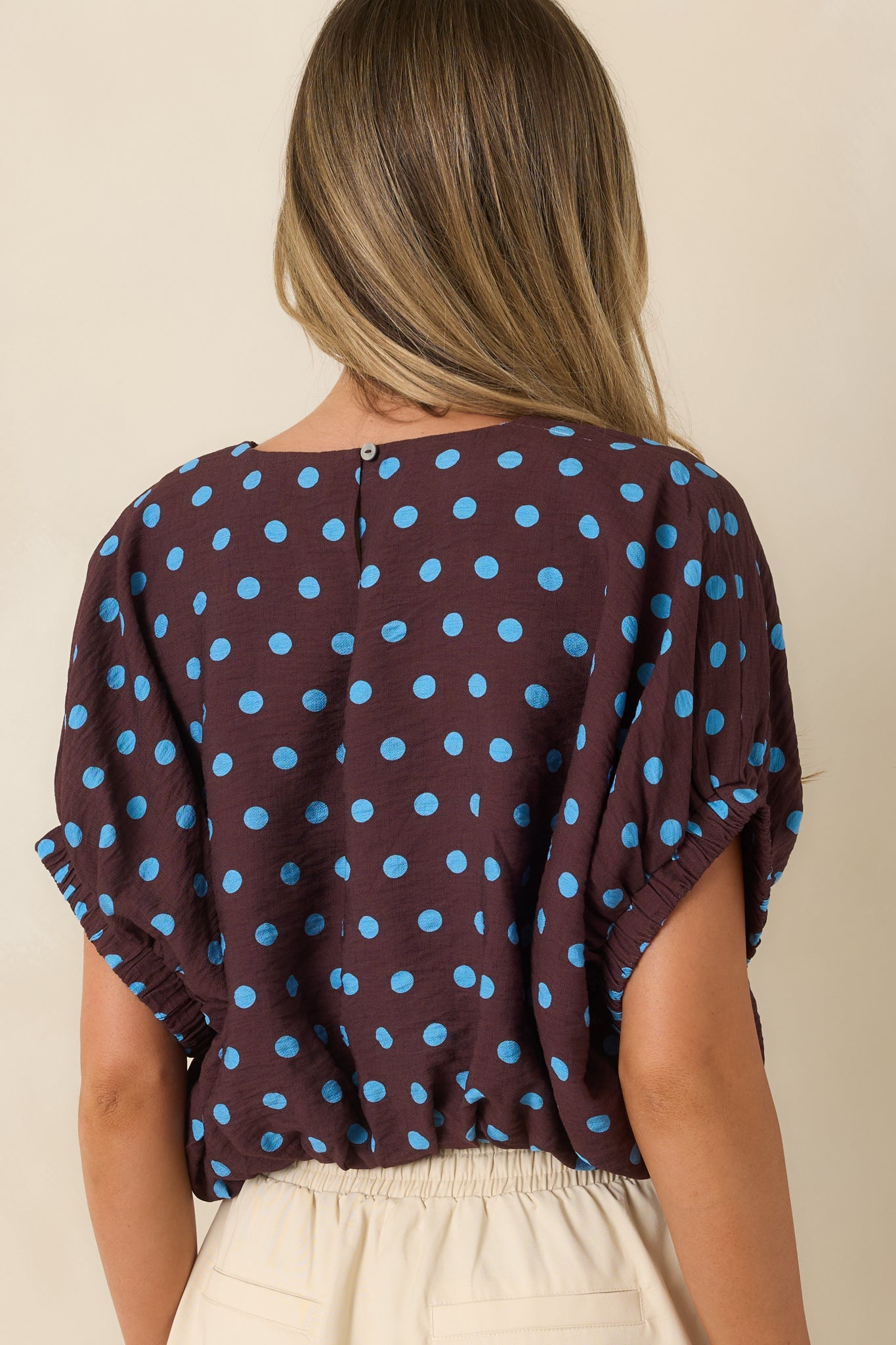 Café Rendezvous Brown & Blue Polka Dot Cropped Top