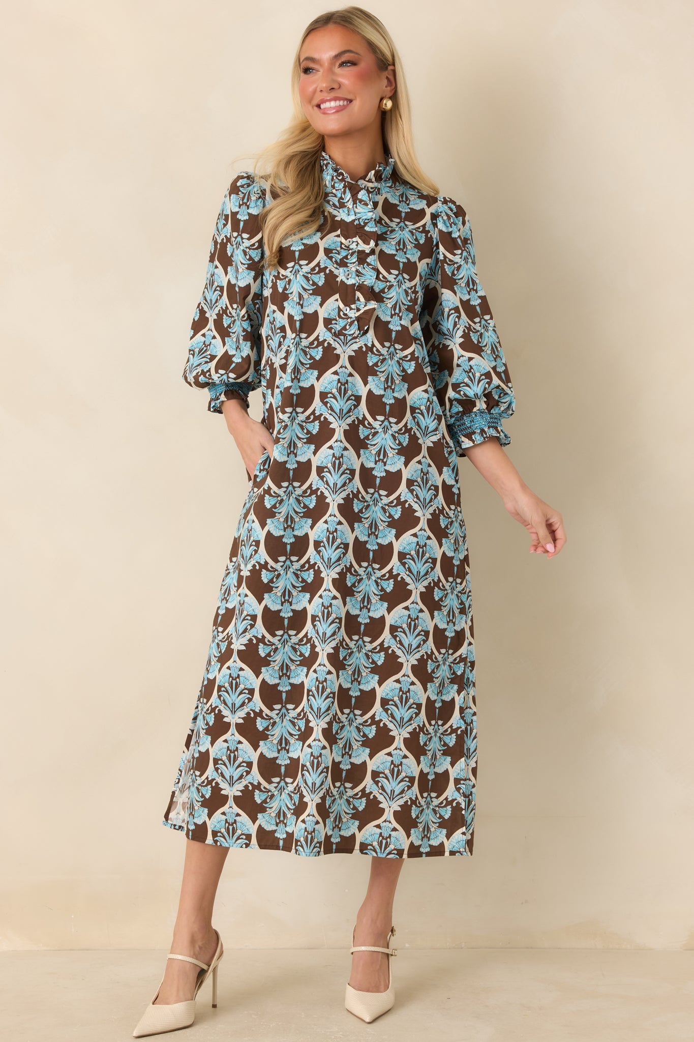 Dream All Day Brown & Blue Floral Cotton Midi Dress