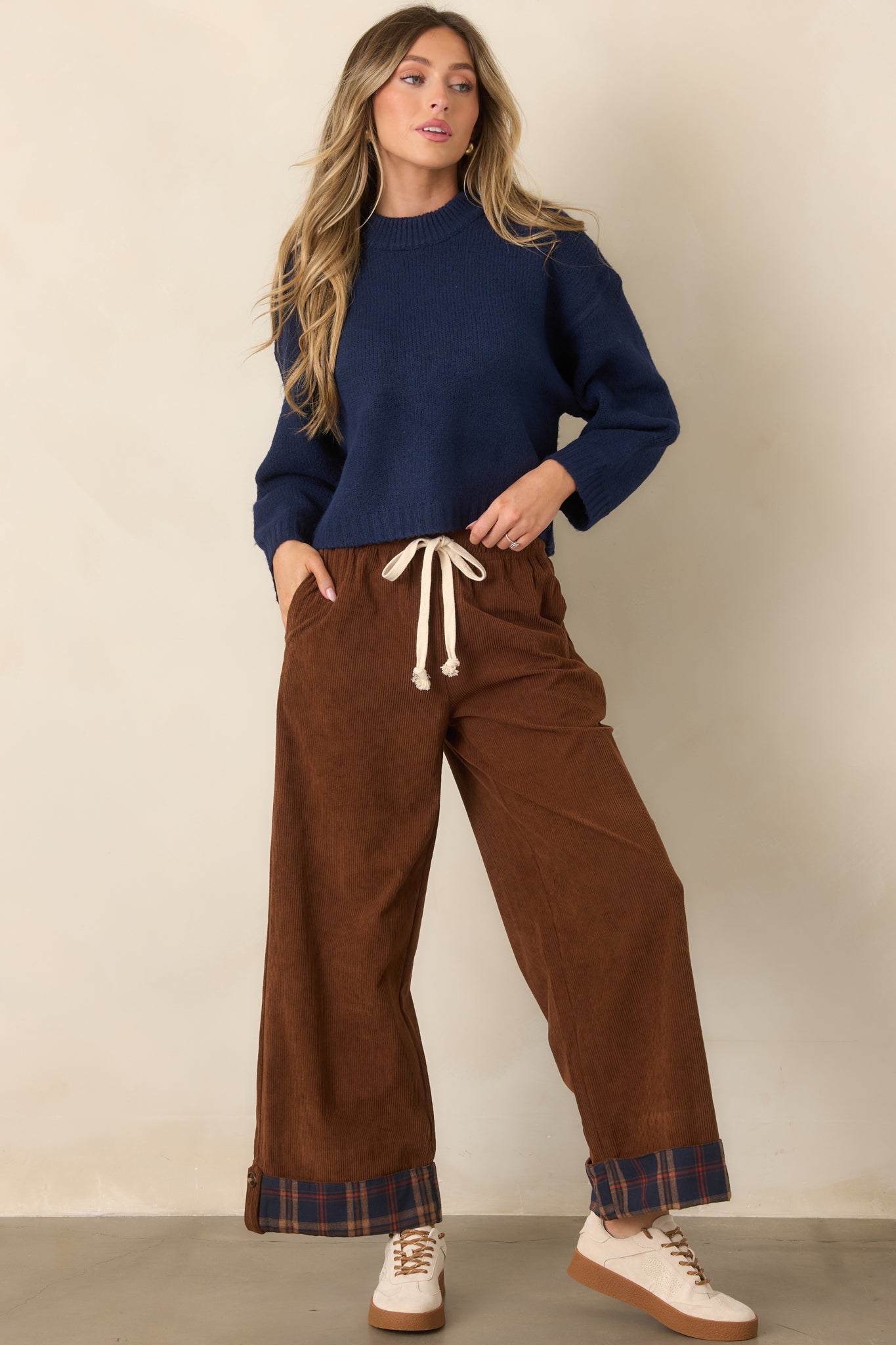 Casual Charm Contrast Cuff Brown & Navy Pants