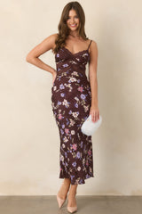 ASTR the Label Carin Brown Floral Satin Lace-Trim Slip Maxi Dress