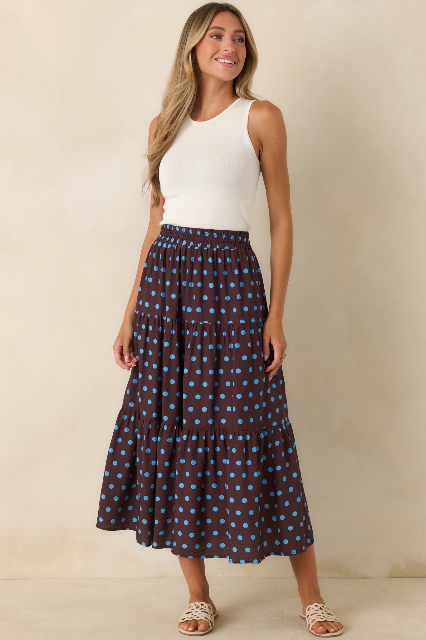 Café Rendezvous Brown & Blue Polka Dot Tiered Maxi Skirt
