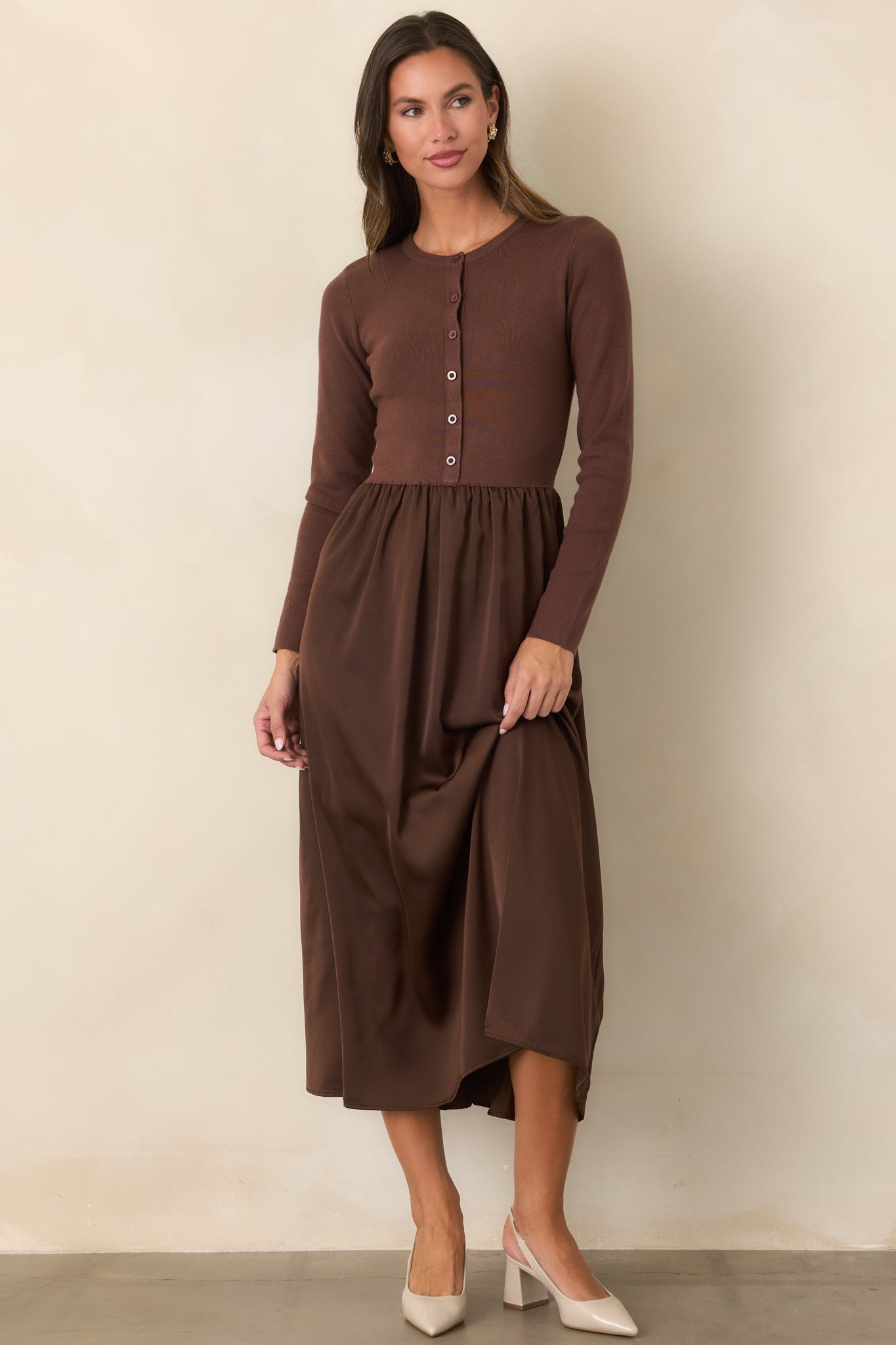 All Nicely Arranged Dark Brown Knit Bodice Satin Midi Dress