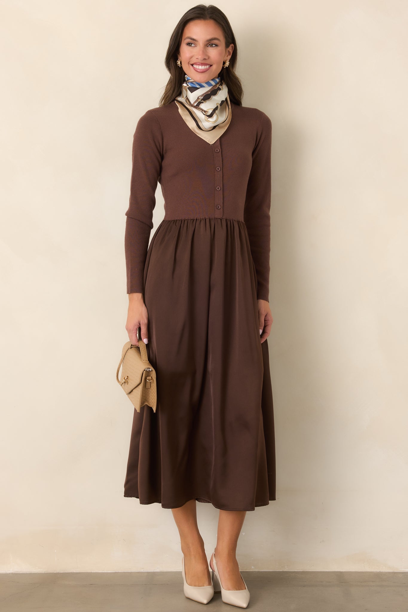 All Nicely Arranged Dark Brown Knit Bodice Satin Midi Dress