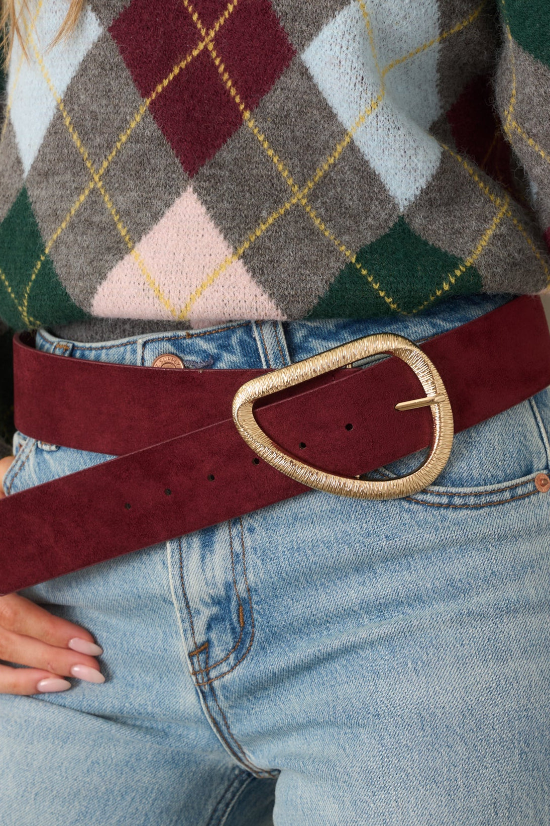 Ahead of the Curve Burgundy Faux Suede Sculptural Buckle Belt