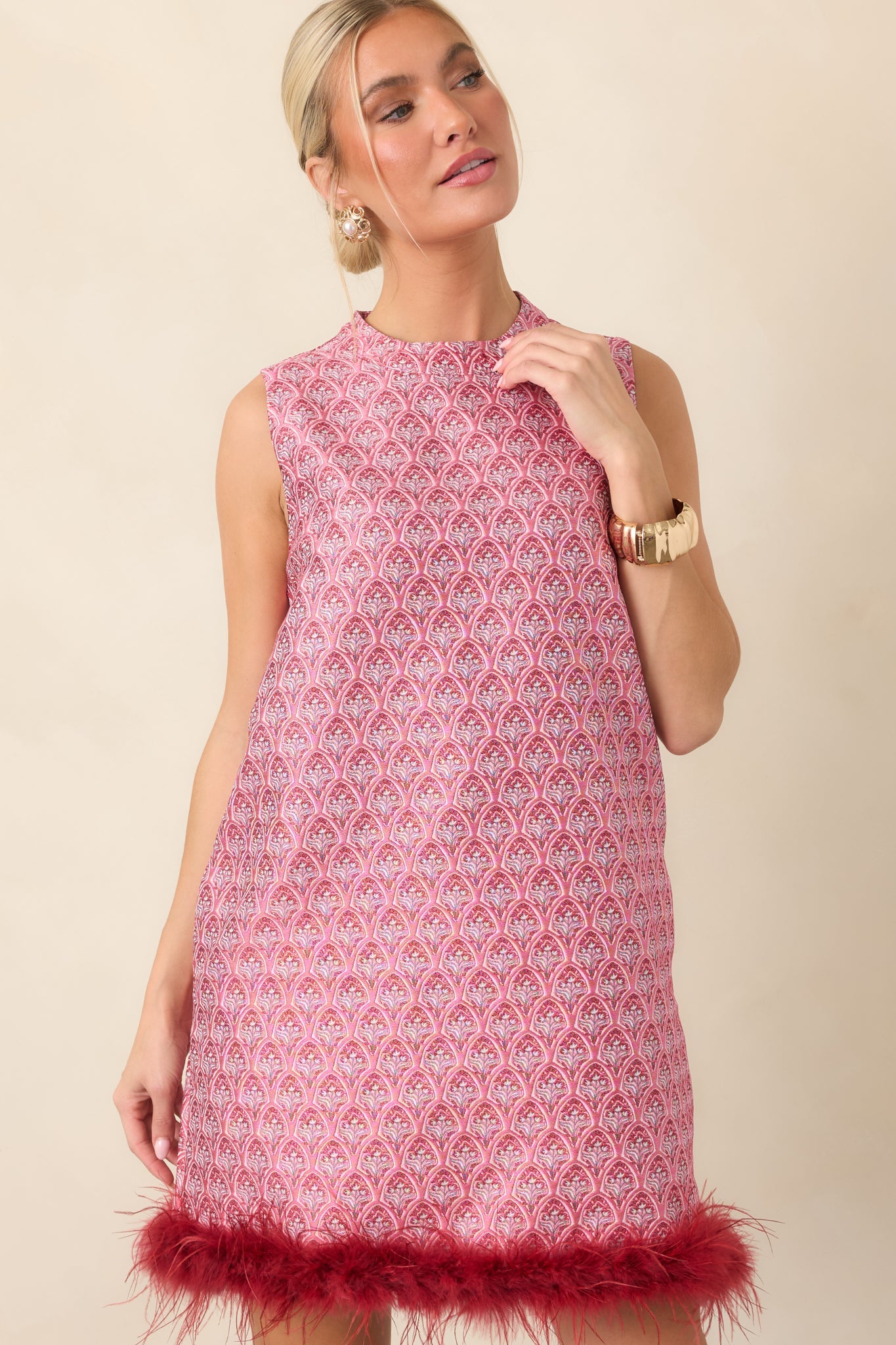 Fancy Seeing You Here Rose Pink & Burgundy Feather Trim Mini Dress