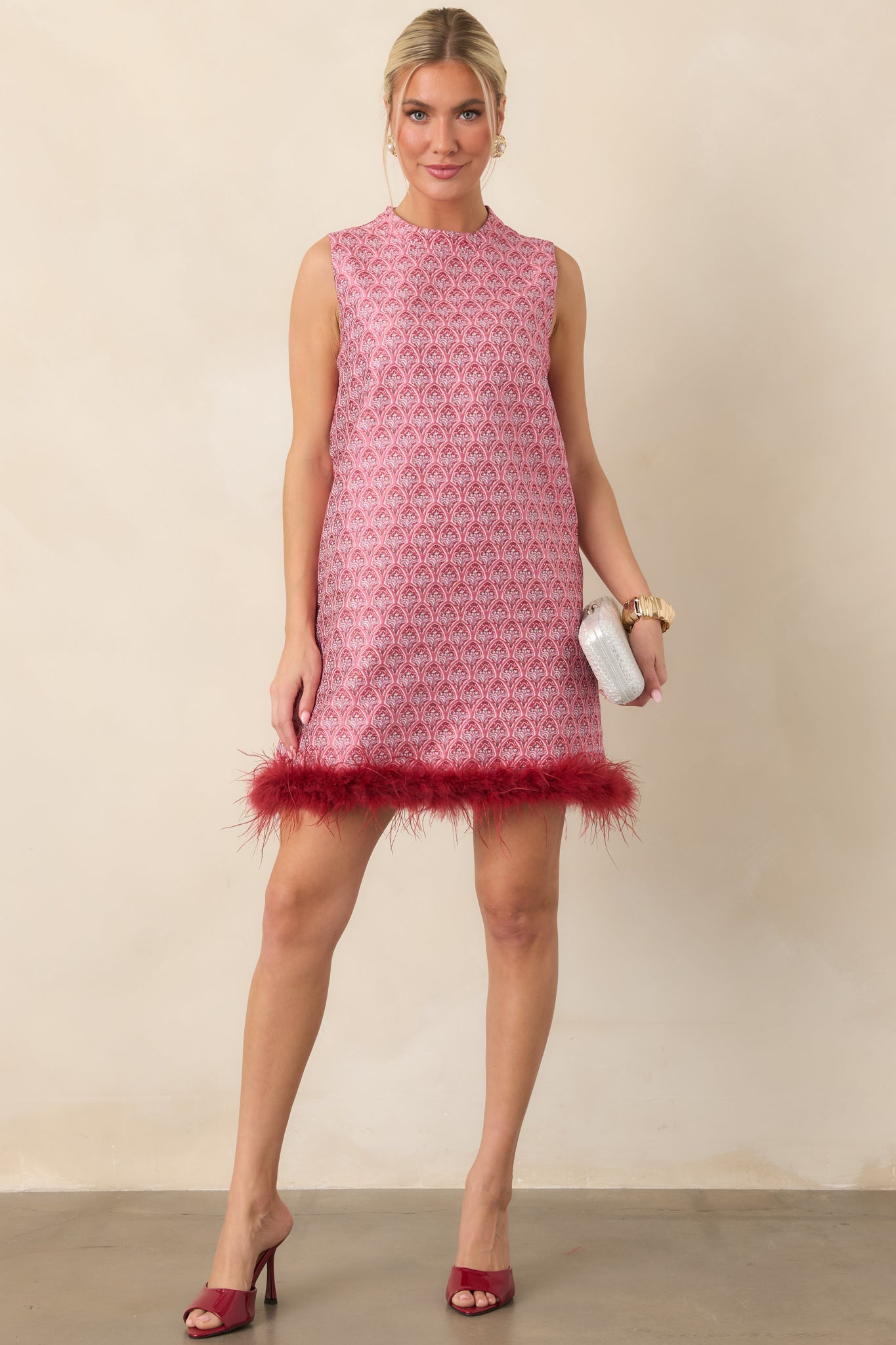 Fancy Seeing You Here Rose Pink & Burgundy Feather Trim Mini Dress