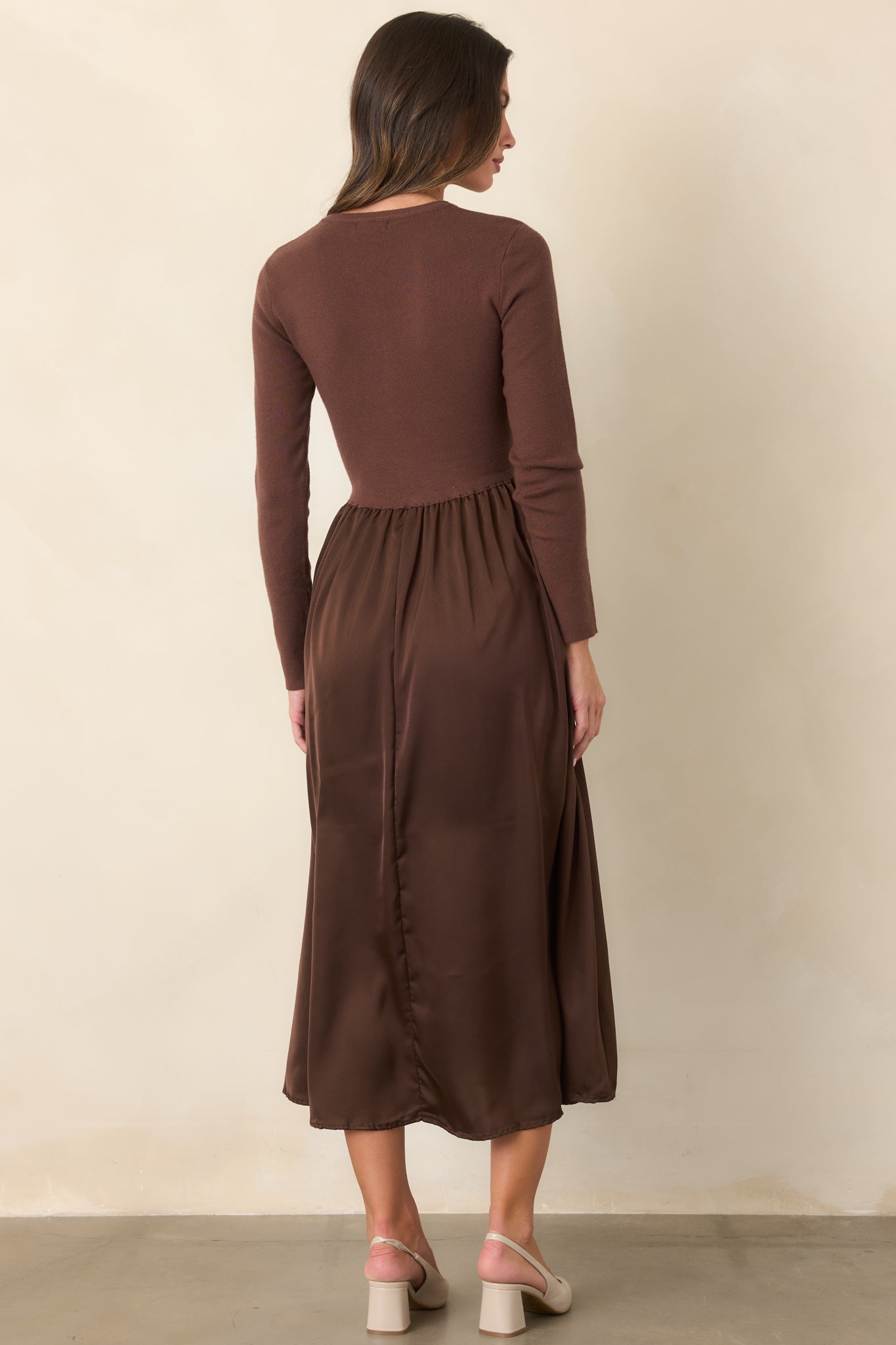 All Nicely Arranged Dark Brown Knit Bodice Satin Midi Dress