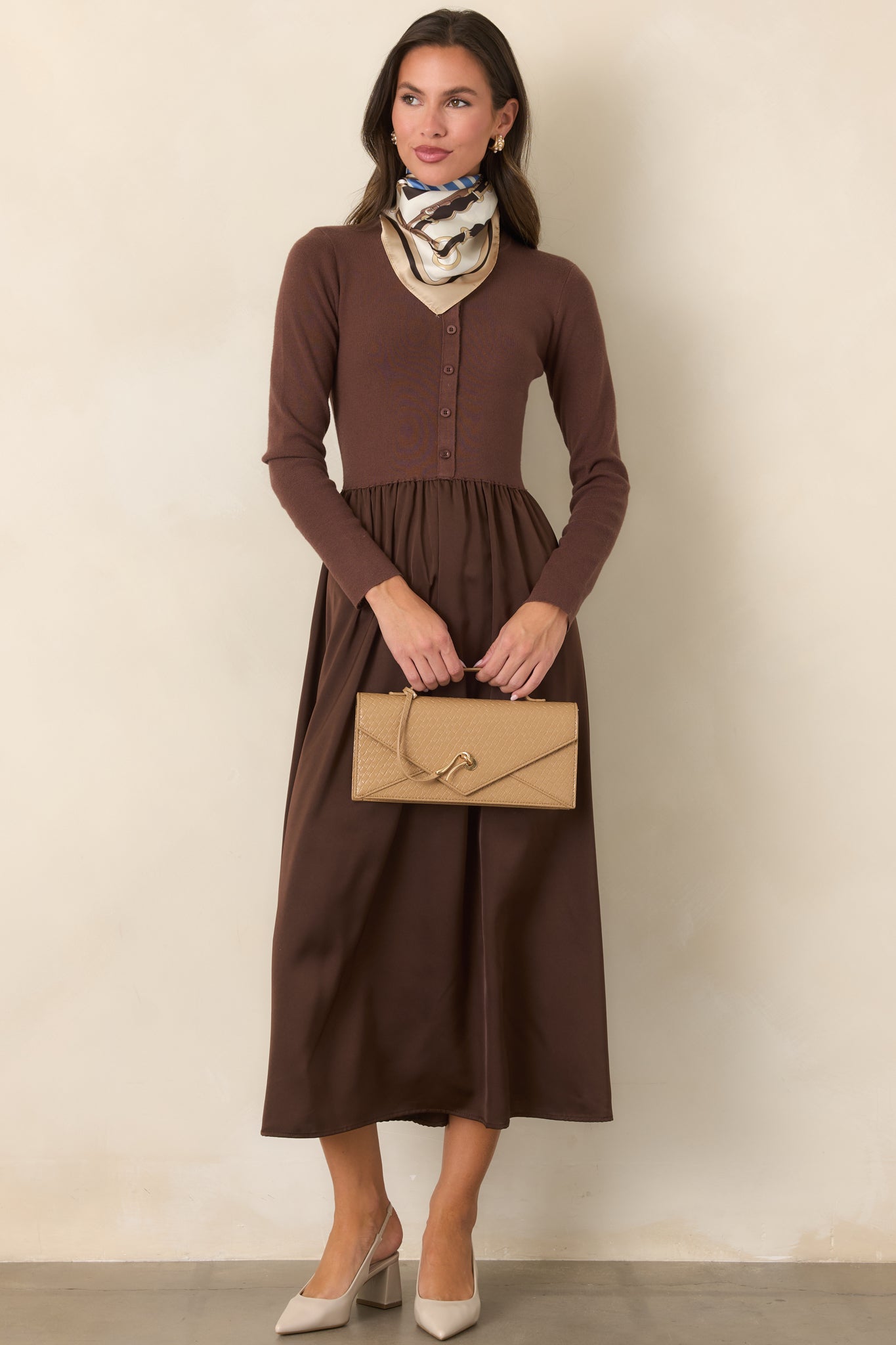 All Nicely Arranged Dark Brown Knit Bodice Satin Midi Dress