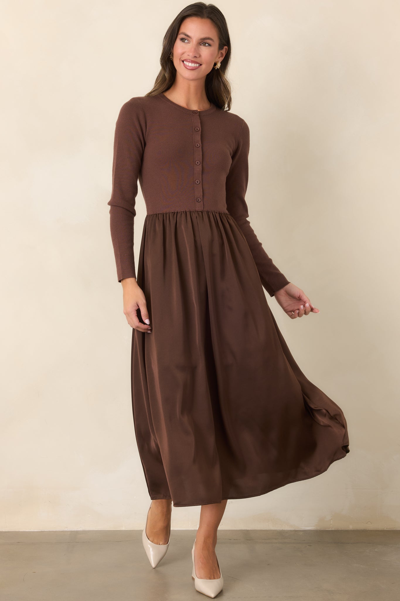 All Nicely Arranged Dark Brown Knit Bodice Satin Midi Dress