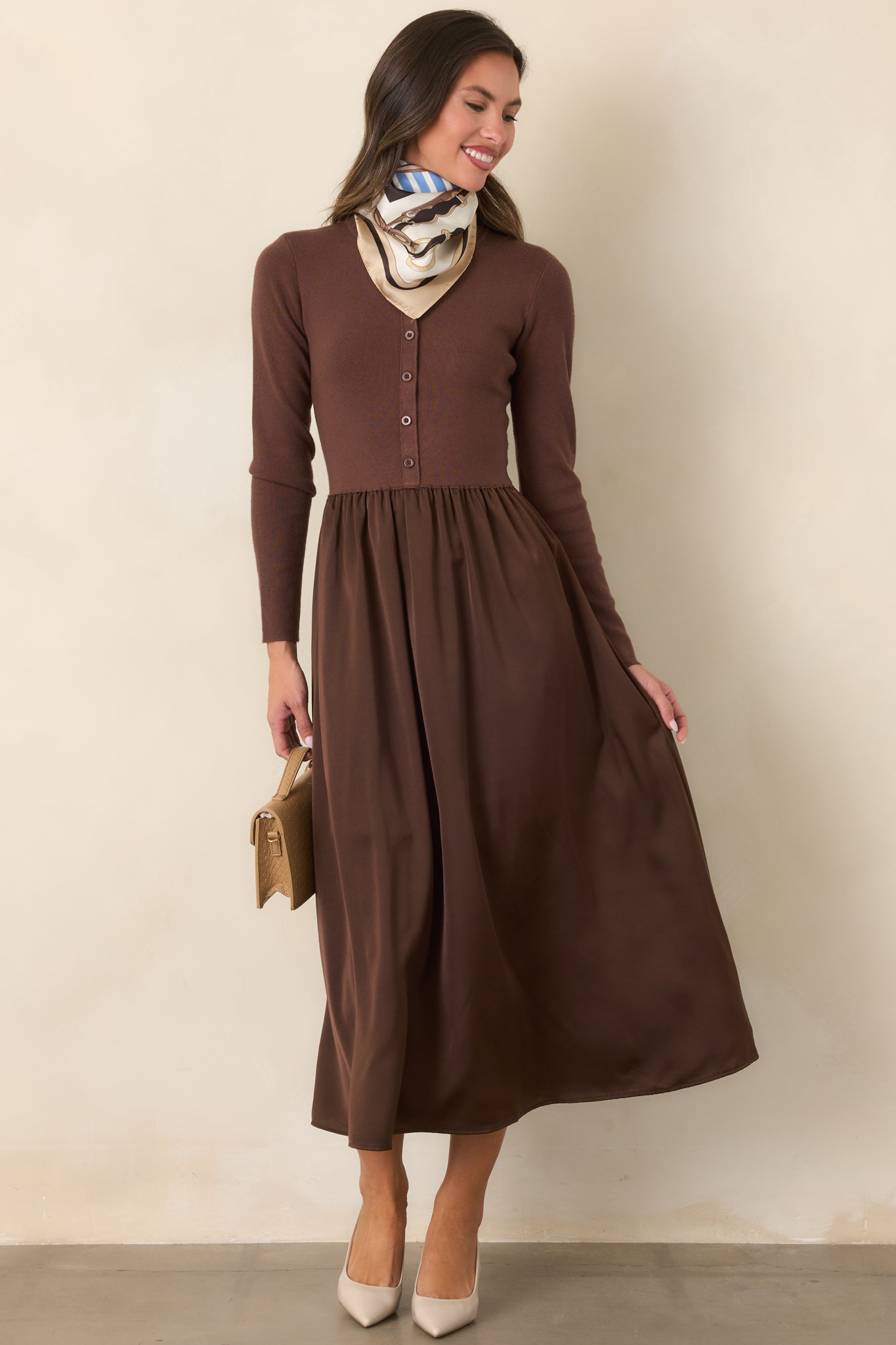 All Nicely Arranged Dark Brown Knit Bodice Satin Midi Dress